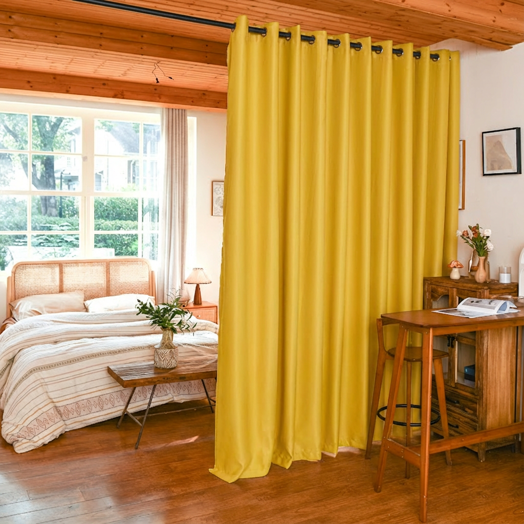 Black silk fibers luxury blackout room divider curtains in yellow, custom-designed by DWCN Official for stylish privacy.