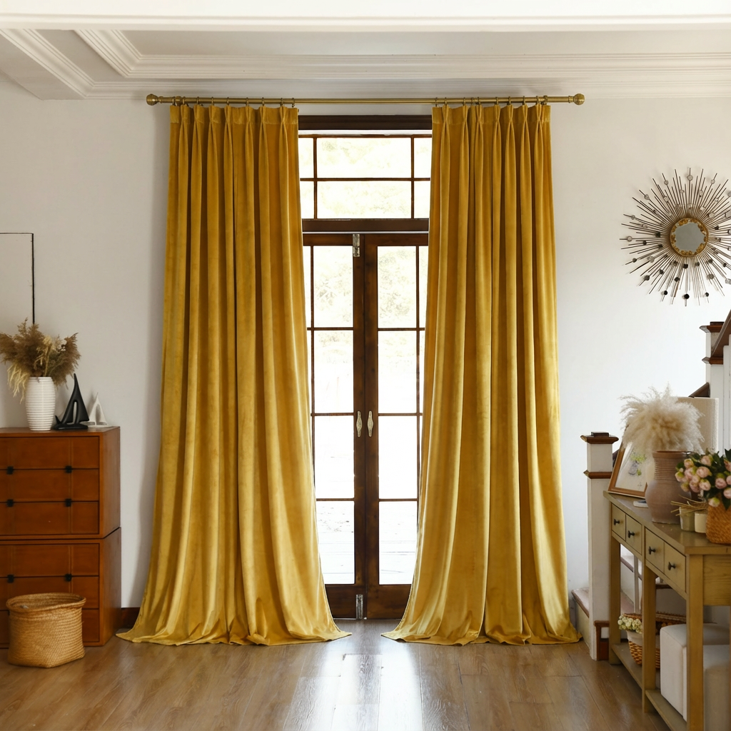 Yellow velvet blackout curtains from DWCN Official, showcasing plush fabric and darkening design for bedroom or living room.