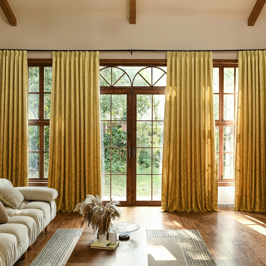 Luxury silk-fiber ombre blackout curtains in yellow with black fading, custom-designed by DWCN Official for elegant window decor.