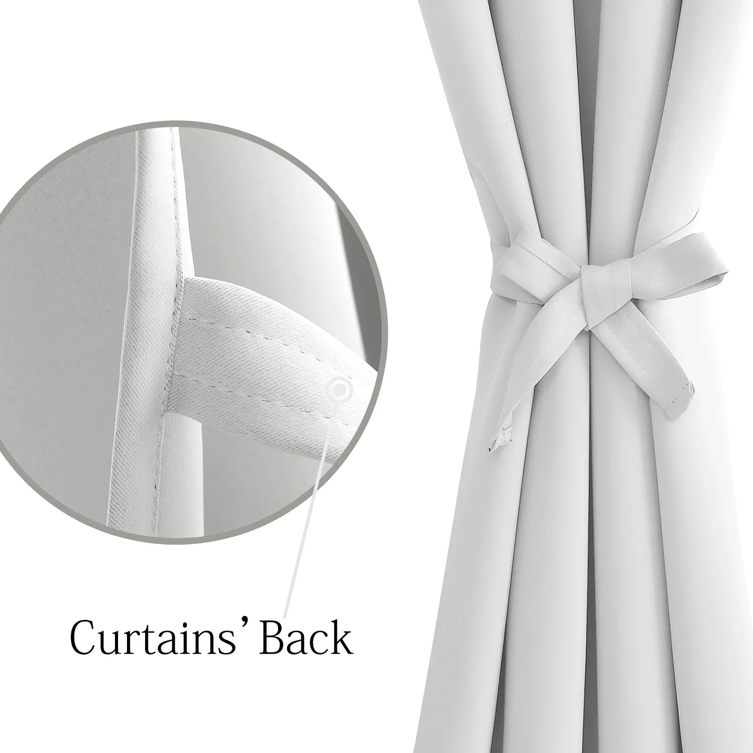Set of two DWCN Blackout Curtains with tiebacks hanging in a window, featuring a sleek black fabric and elegant tieback design.