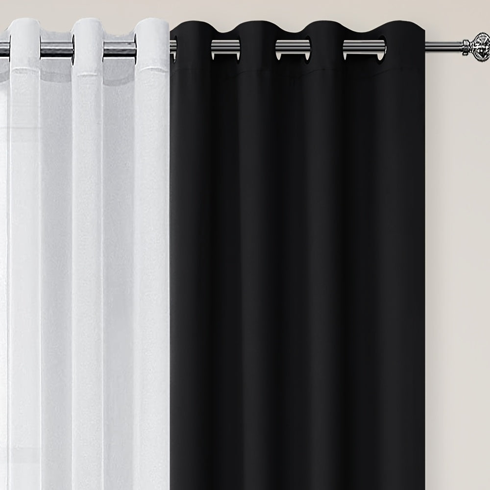 Set of four DWCN Official curtains including two blackout curtains with tiebacks and two sheer curtains for window decor.