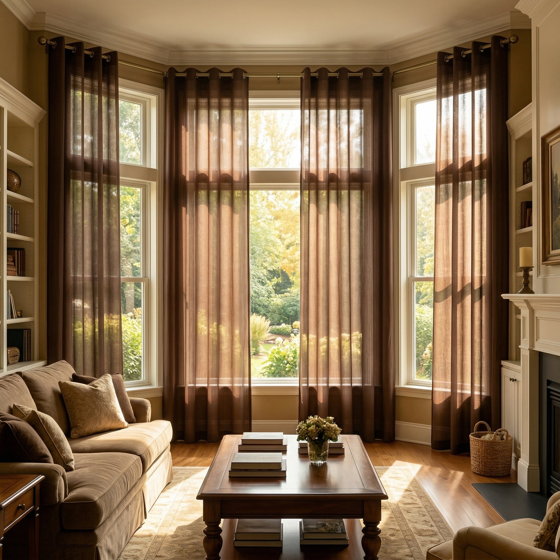 Brown linen texture solid sheer curtains by DWCN Official, showcasing lightweight, semi-transparent fabric for elegant window decor.