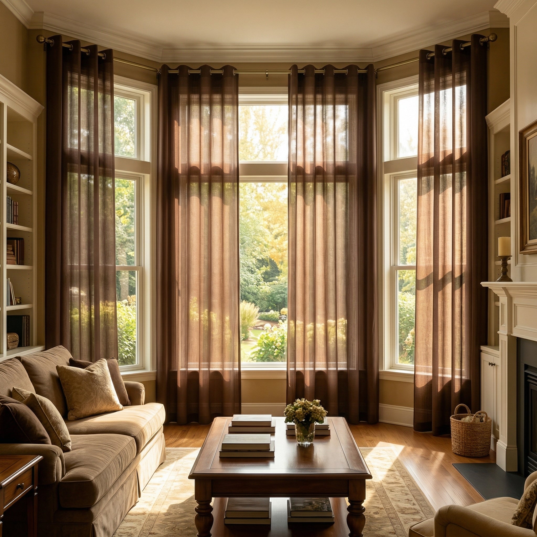 Brown linen texture solid sheer curtains by DWCN Official, showcasing lightweight, semi-transparent fabric for elegant window decor.