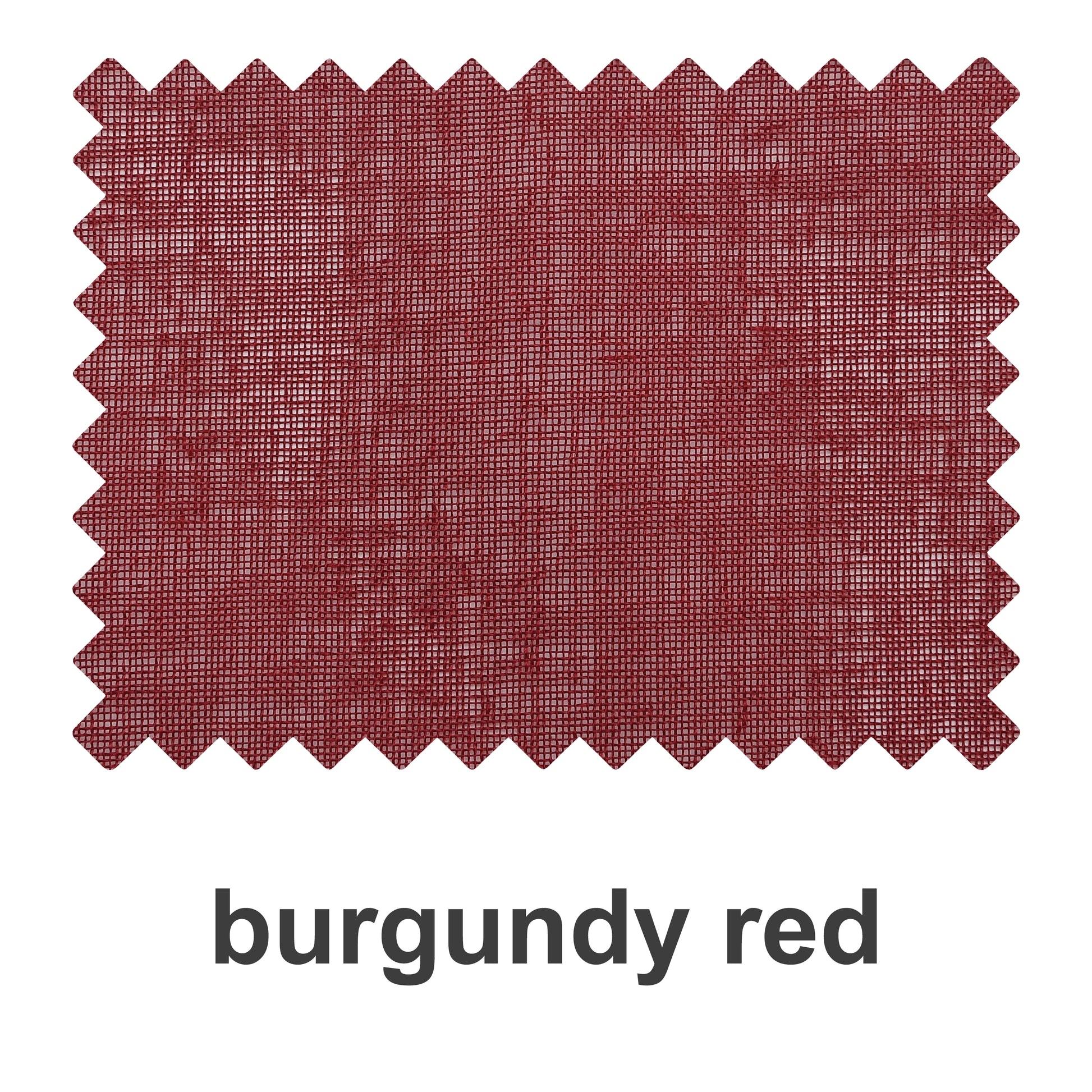 Swatch booklet of DWCN Official linen texture solid sheer fabric in deep burgundy red showing fabric samples and texture details.