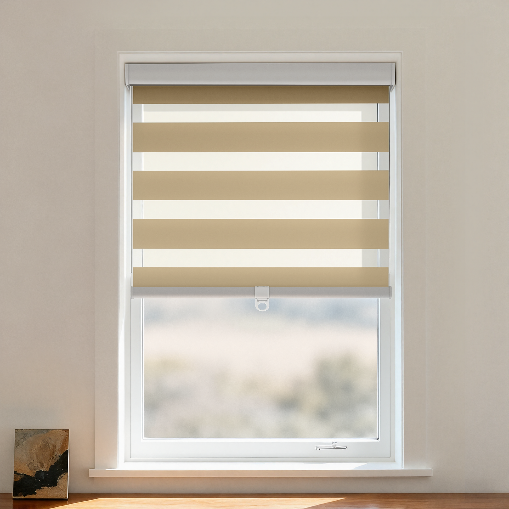 Black cordless zebra shade by DWCN Official featuring black and white blackout zebra pattern window covering.