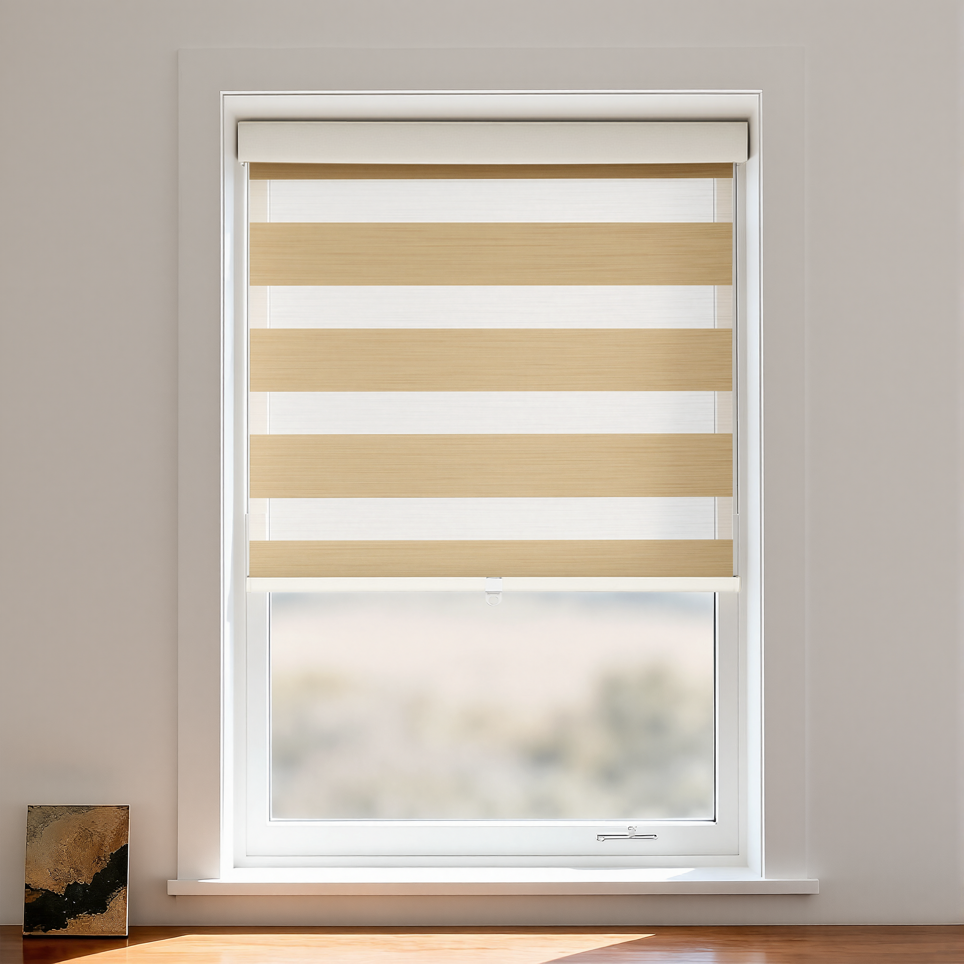 DWCN Official black and white zebra blackout cordless shade, fabric window treatment with bold striped pattern.
