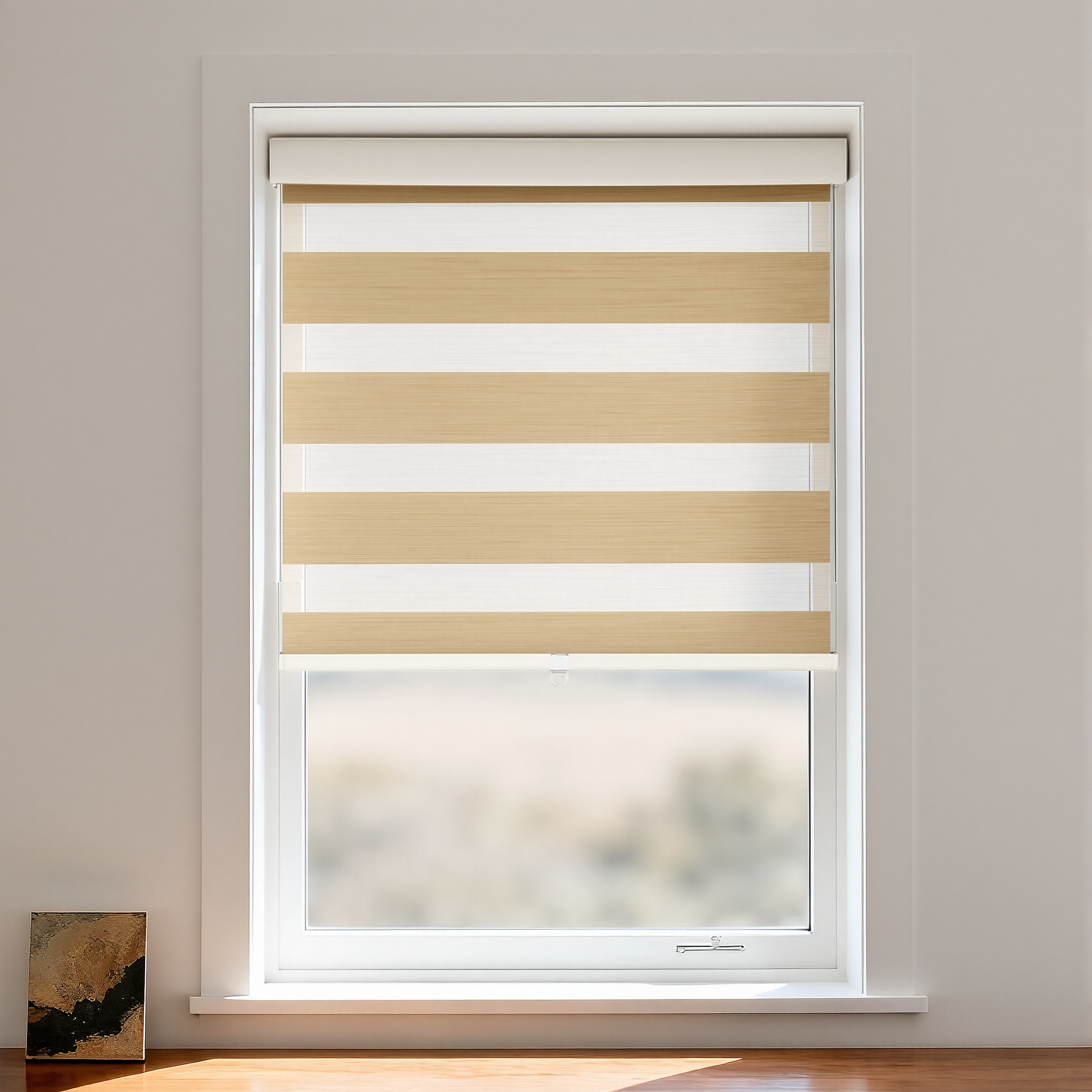 DWCN Official black and white zebra blackout cordless shade, fabric window treatment with bold striped pattern.