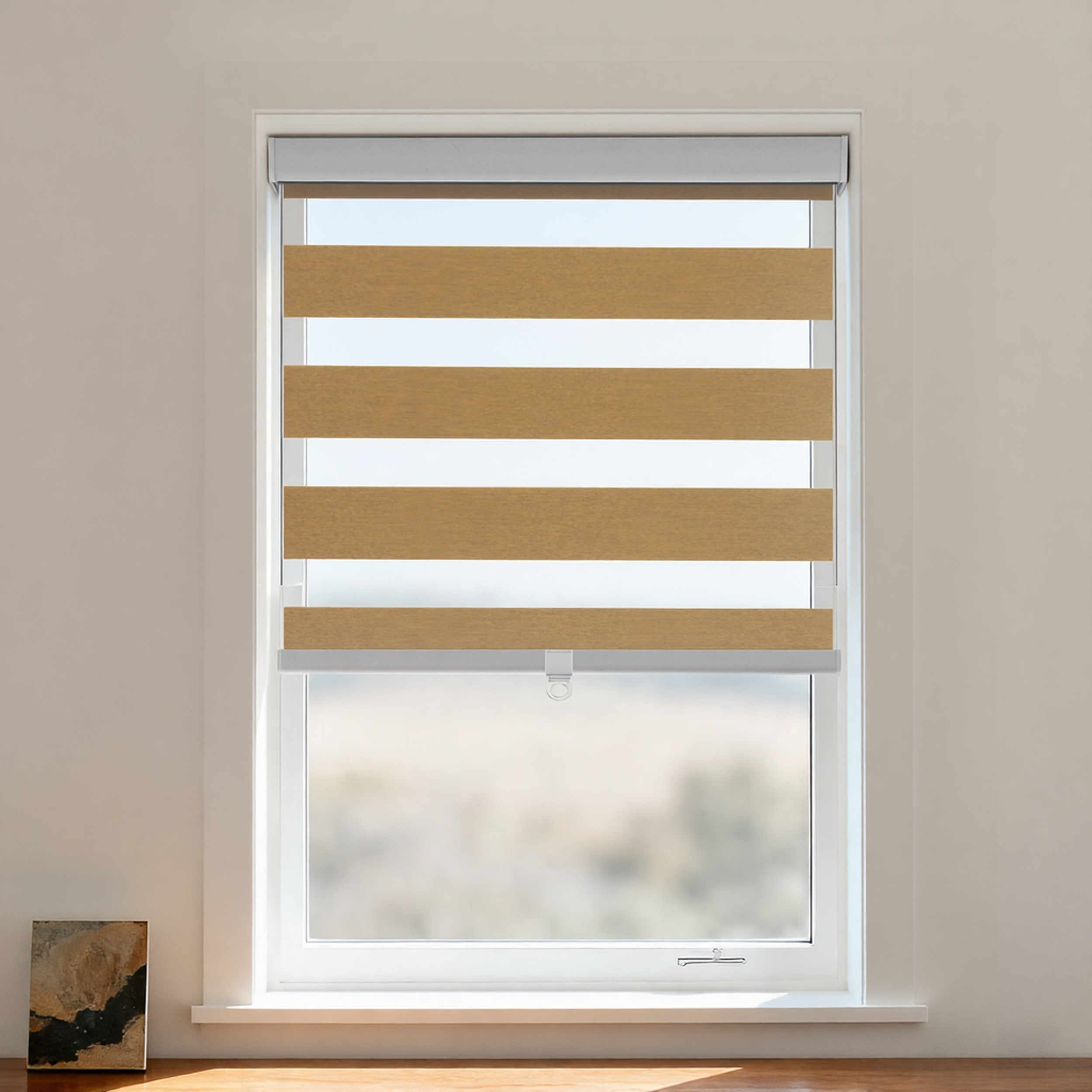 Hillary Blackout Zebra Shade by DWCN Official, cordless window covering with black and white zebra stripe pattern.