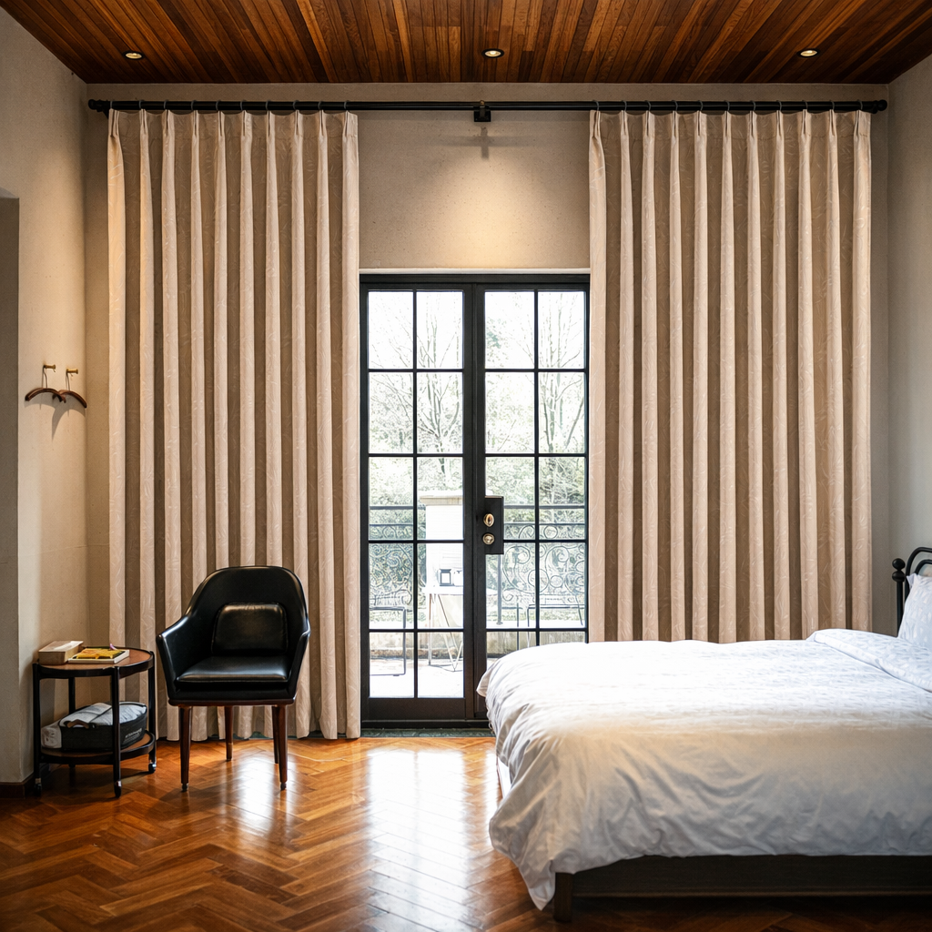 Cotton curtain with embroidered pattern from DWCN Official featuring elegant design and light filtering fabric.