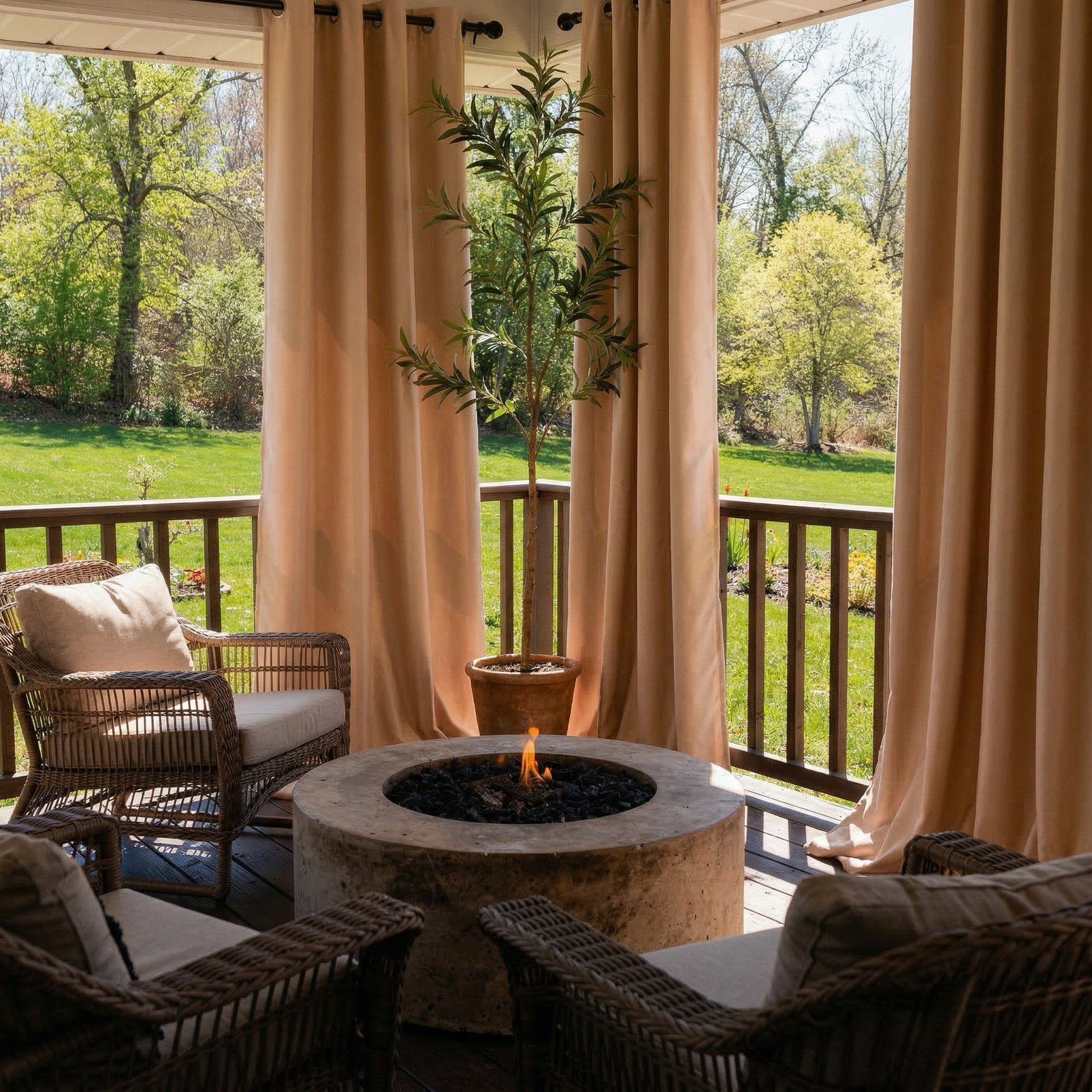 Waterproof DWCN Official grommet top outdoor curtain hanging on a patio, designed for weather resistance and stylish outdoor privacy.