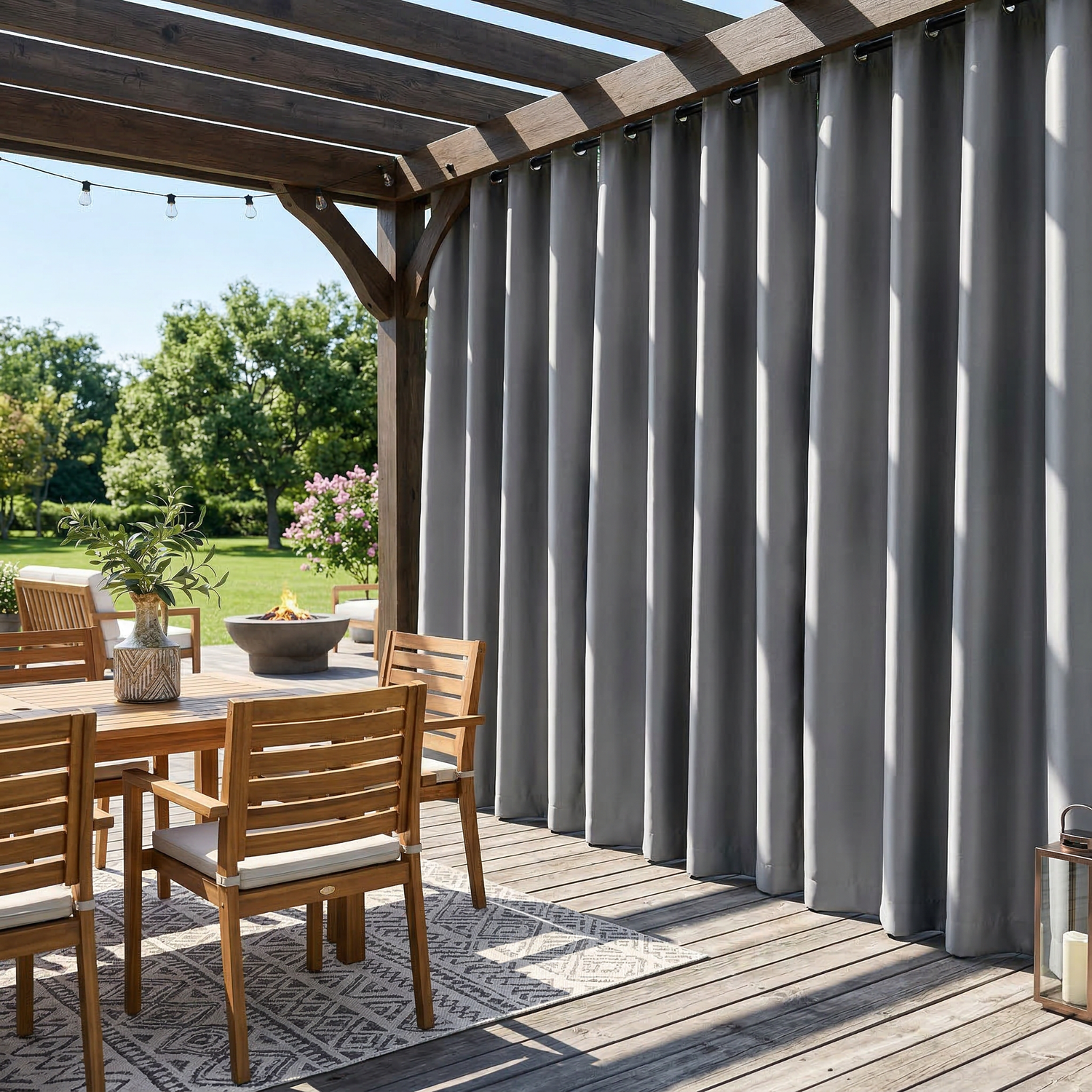 Silver grey waterproof grommet top outdoor curtain by DWCN Official, showing durable fabric and metal grommets for patio privacy.