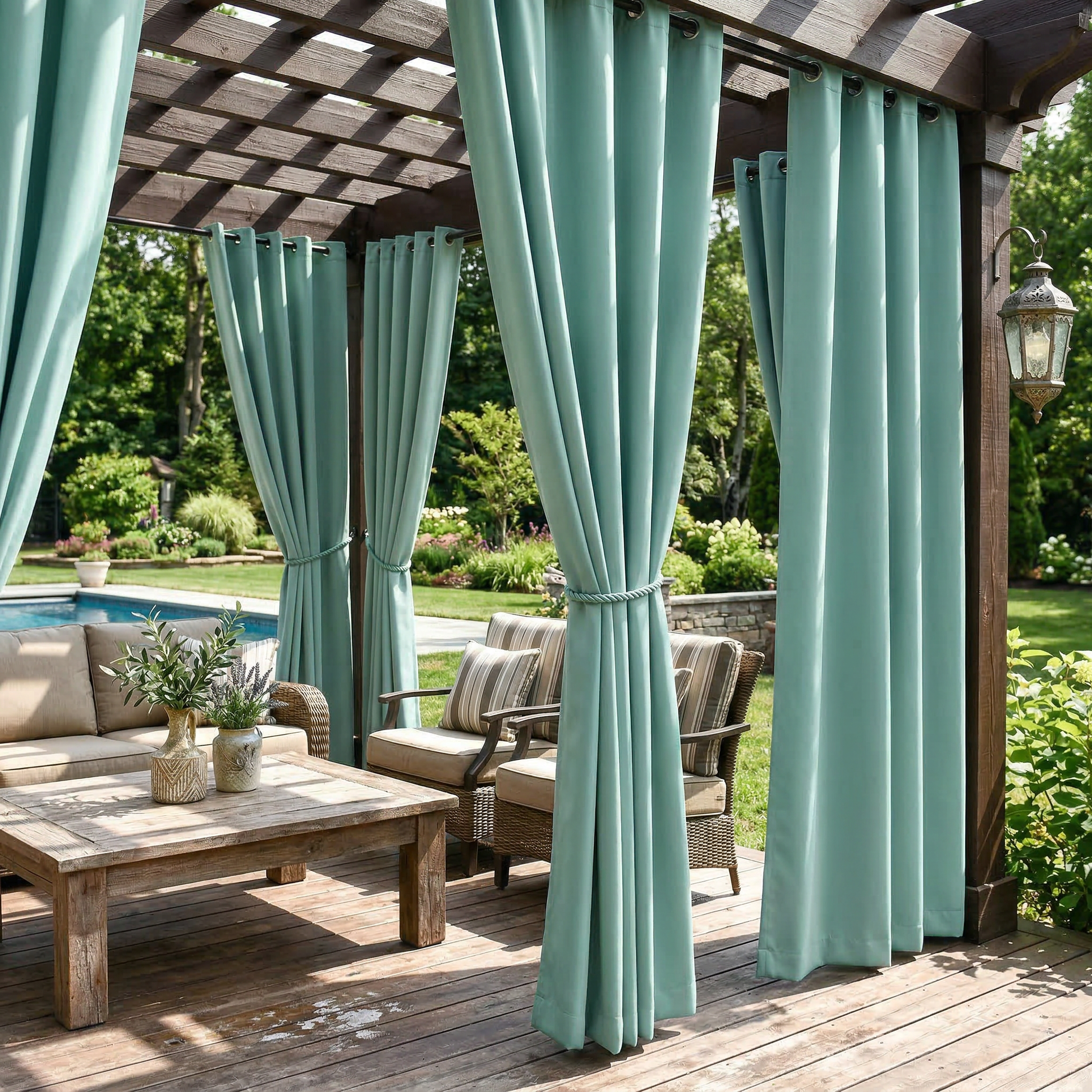 Seafoam green waterproof grommet top outdoor curtain by DWCN Official, showing fabric with metal grommets for outdoor use.
