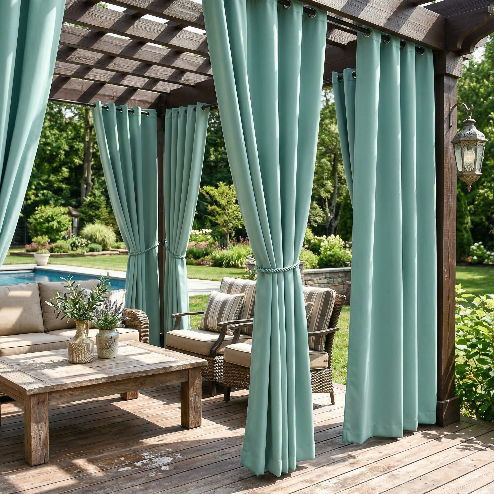 Seafoam green waterproof grommet top outdoor curtain by DWCN Official, showing fabric with metal grommets for outdoor use.