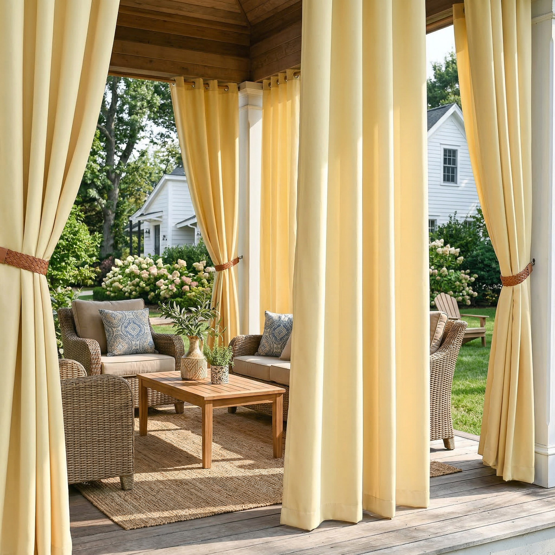Light yellow waterproof grommet top outdoor curtain by DWCN Official, showing fabric with metal grommets for outdoor privacy and weather resistance.