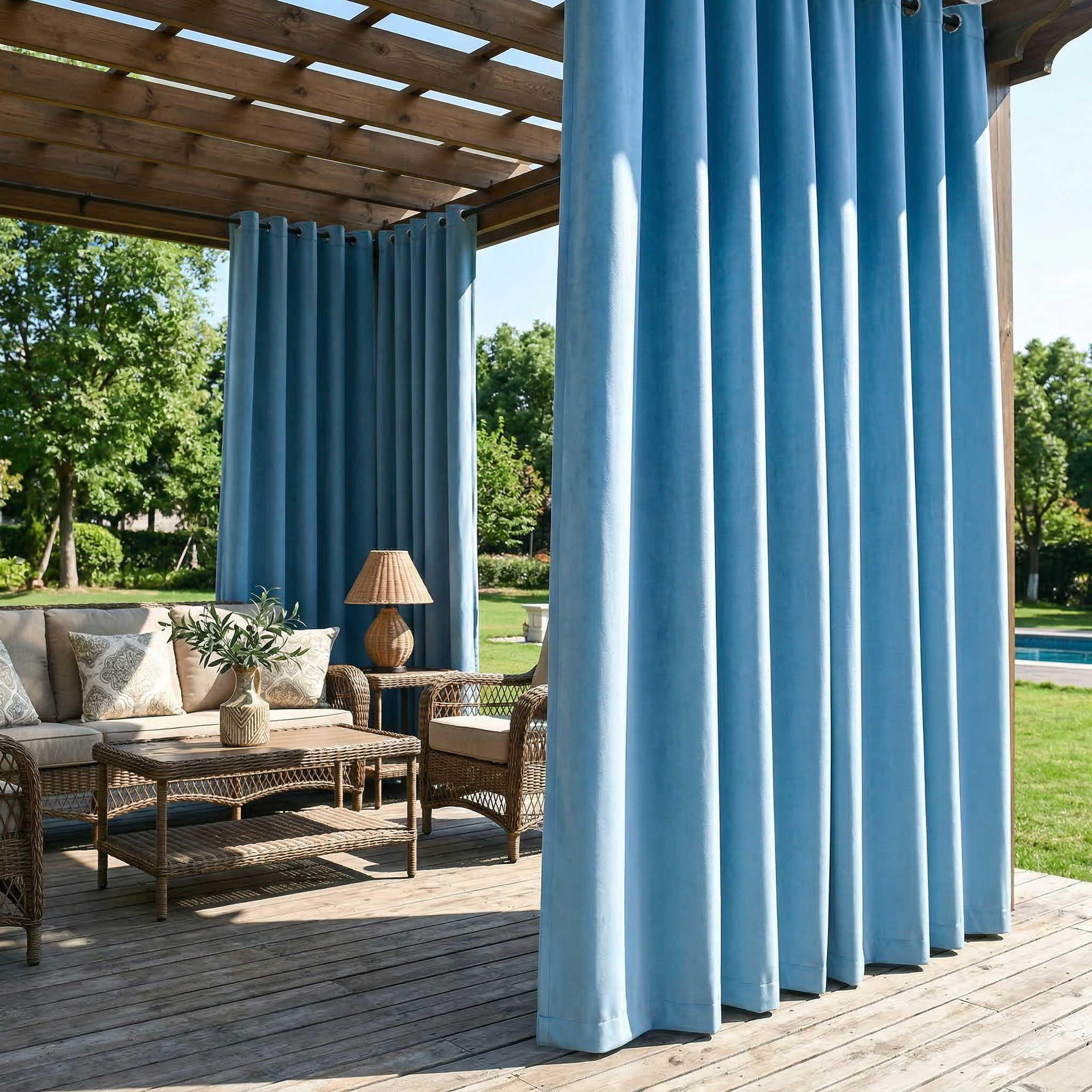 Light blue waterproof grommet top outdoor curtain by DWCN Official, showing durable fabric and grommets for outdoor patio use.