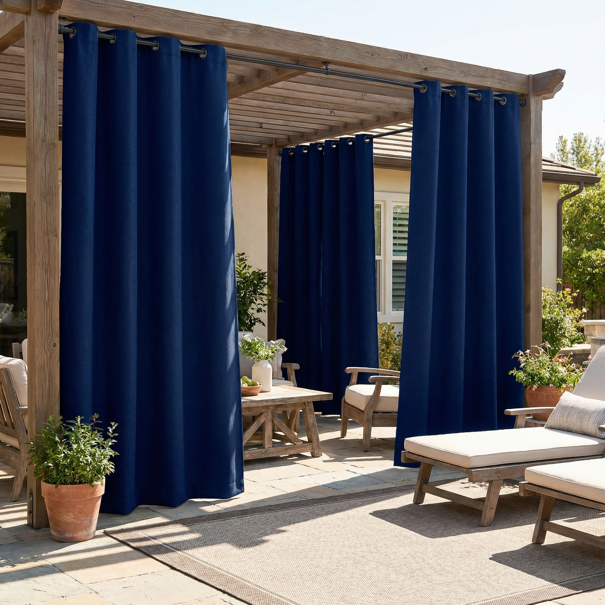 Navy blue waterproof grommet top outdoor curtain by DWCN Official hanging on a patio, designed for weather-resistant outdoor privacy.