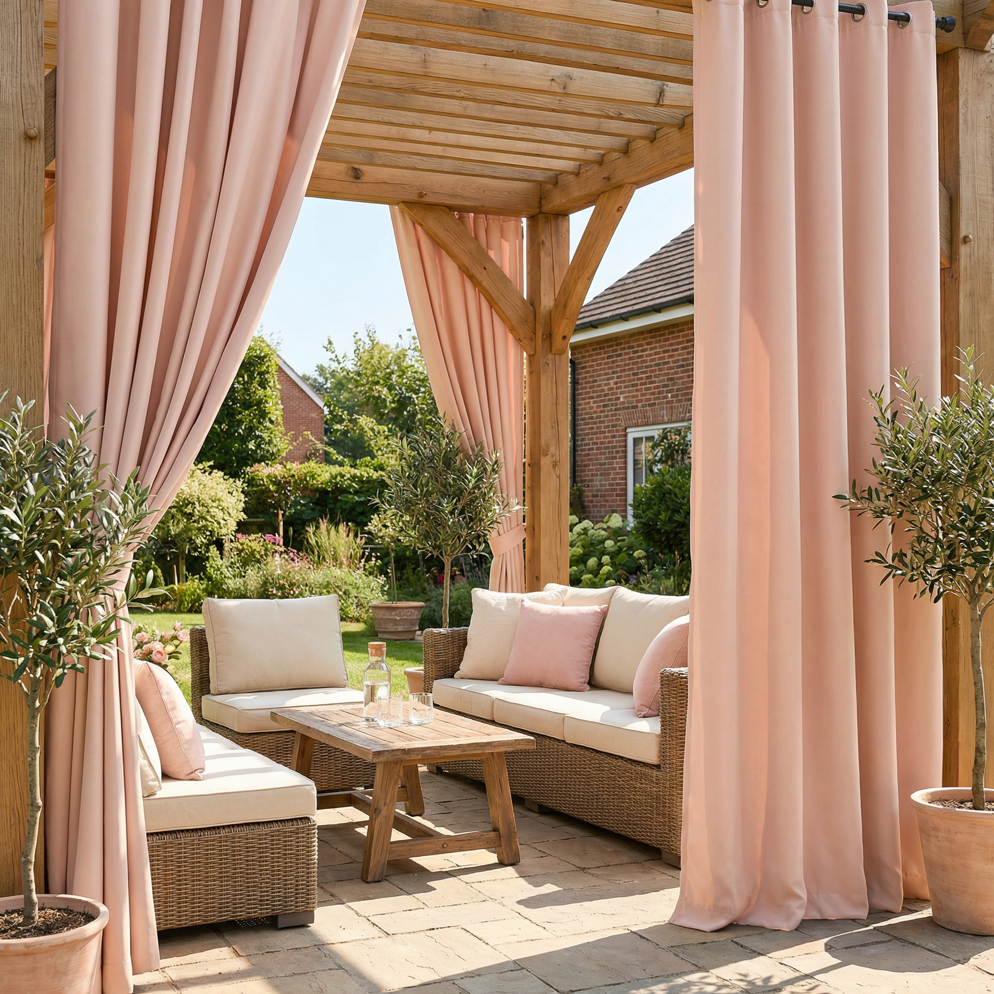 Blush pink waterproof grommet top outdoor curtain by DWCN Official hanging on a patio door.