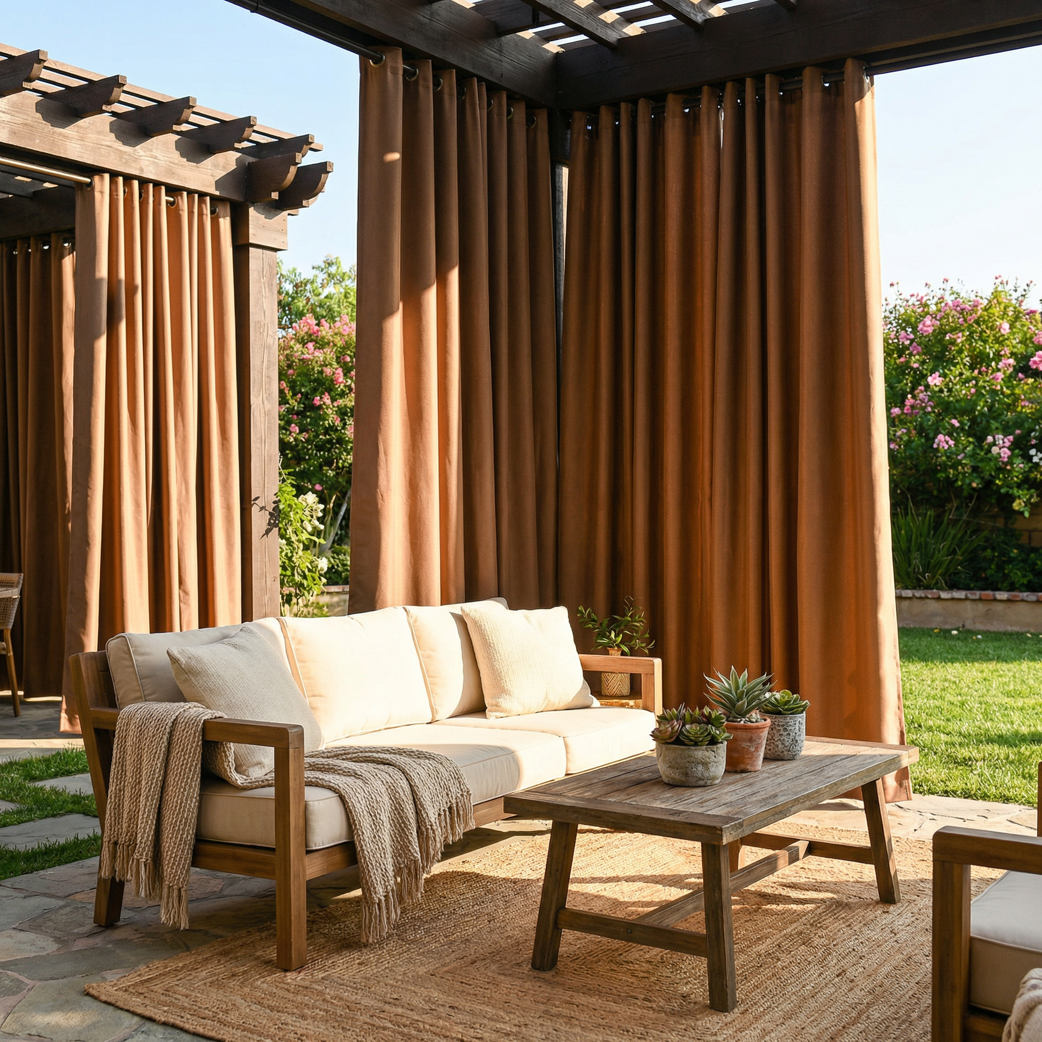 Cappuccino waterproof grommet top outdoor curtain by DWCN Official hanging on a patio, weather-resistant fabric and metal grommets visible.