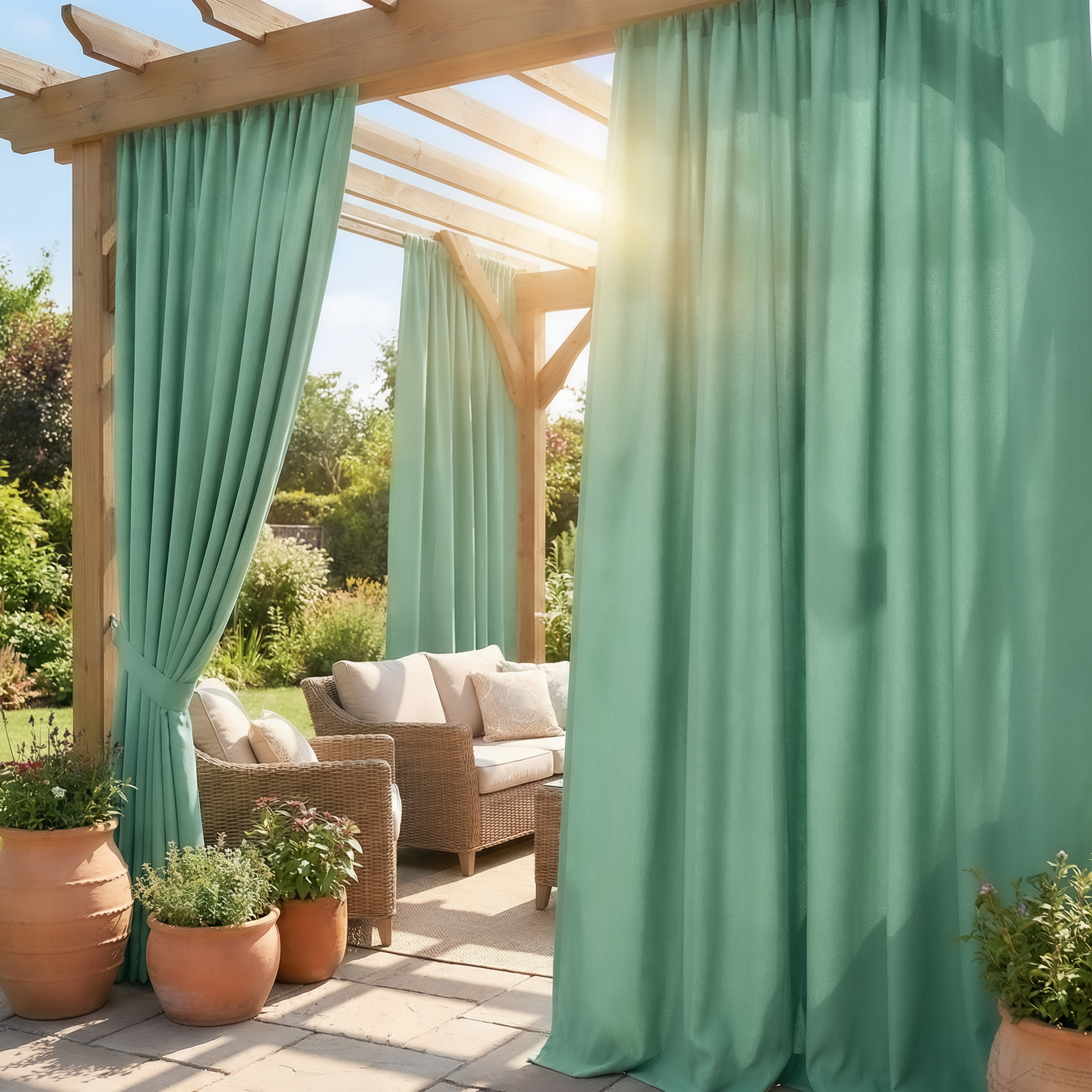 Mint green waterproof grommet top outdoor curtain by DWCN Official, showing fabric texture and metal grommet details.