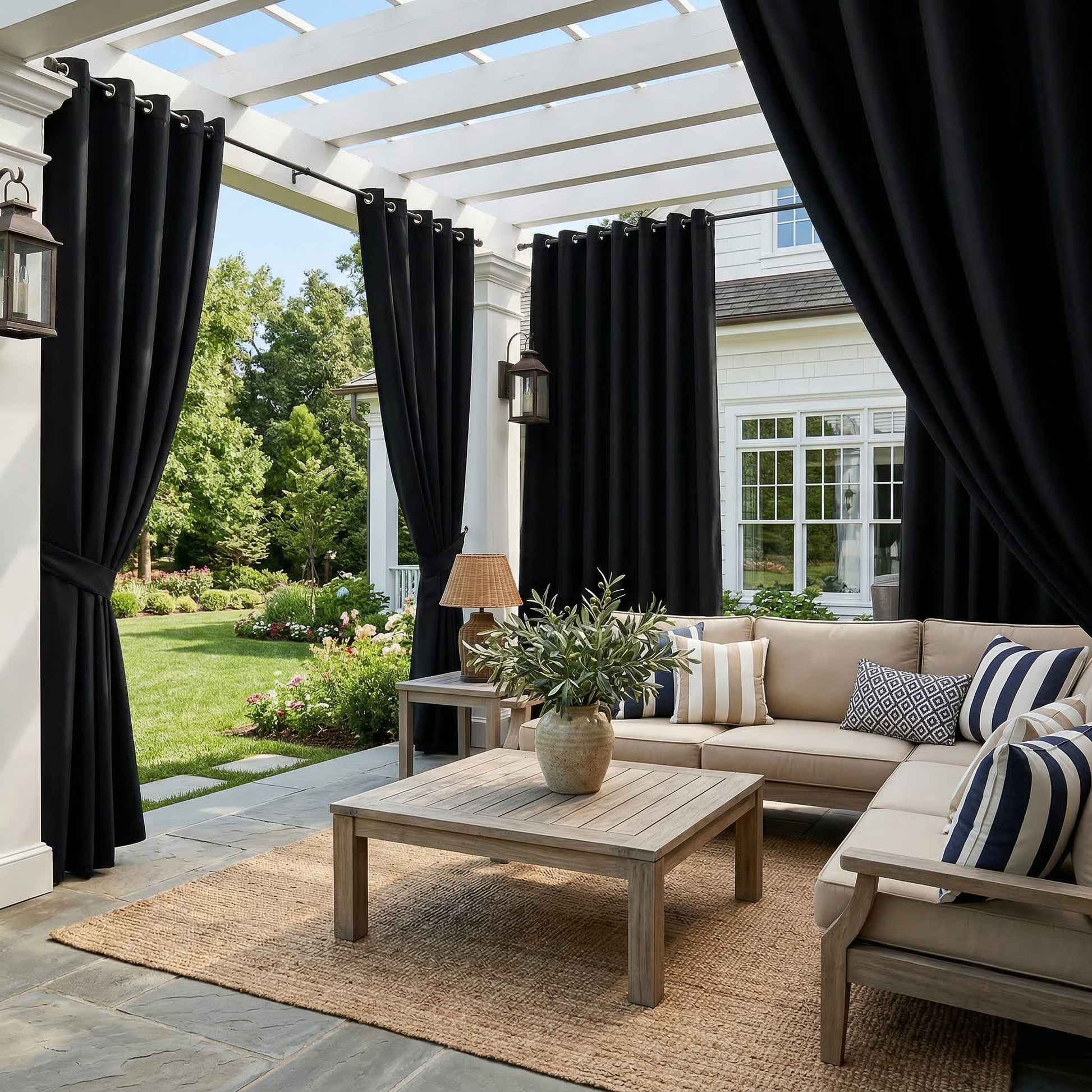 Black waterproof grommet top outdoor curtain by DWCN Official, shown hanging outdoors with weather-resistant fabric and metal grommets.