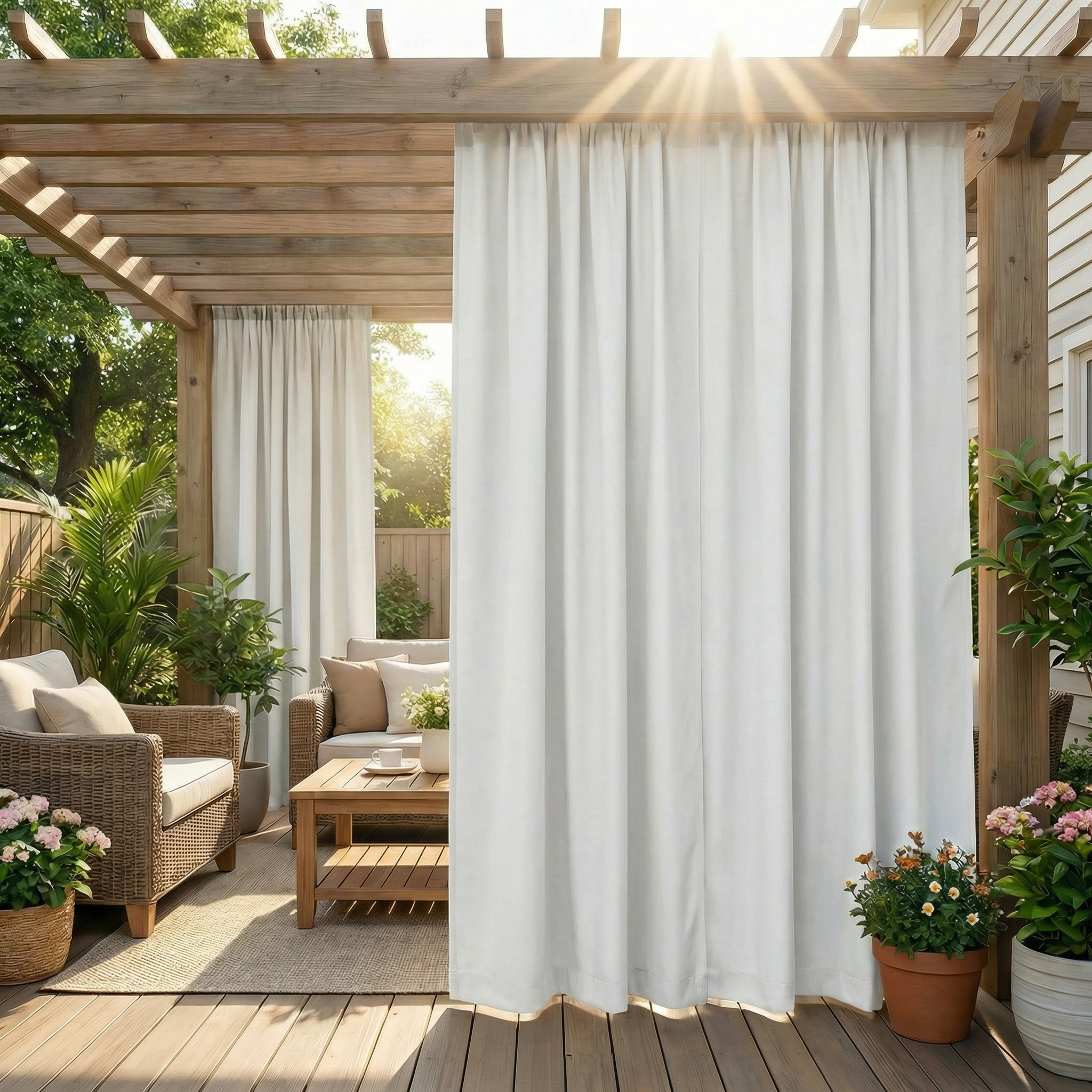 White waterproof grommet top outdoor curtain by DWCN Official, featuring durable fabric and silver grommets for outdoor privacy and shade.