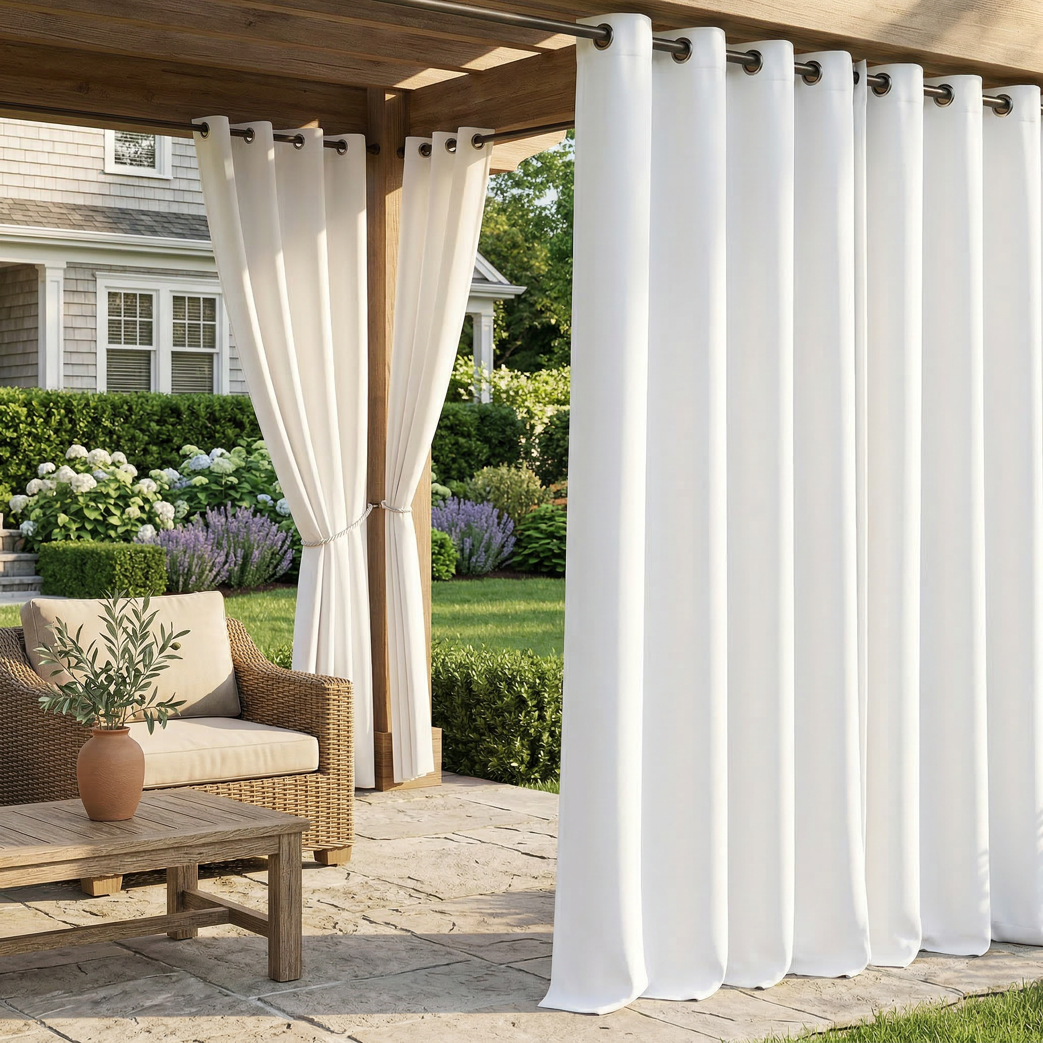 White waterproof grommet top outdoor curtain by DWCN Official, showing durable fabric and grommet details for outdoor privacy and shade.