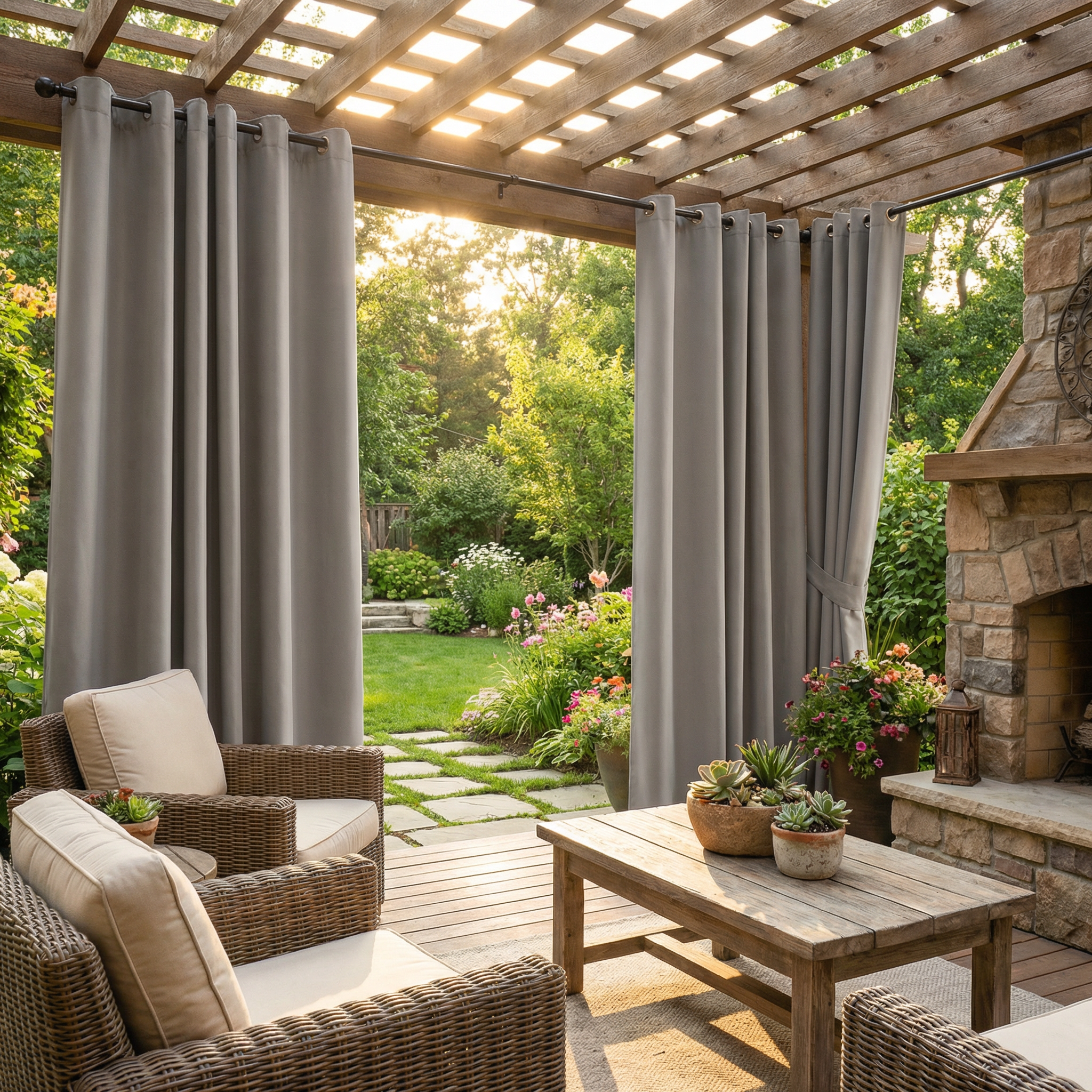Gray waterproof grommet top outdoor curtain from DWCN Official, showing fabric texture and metal grommets for outdoor use.
