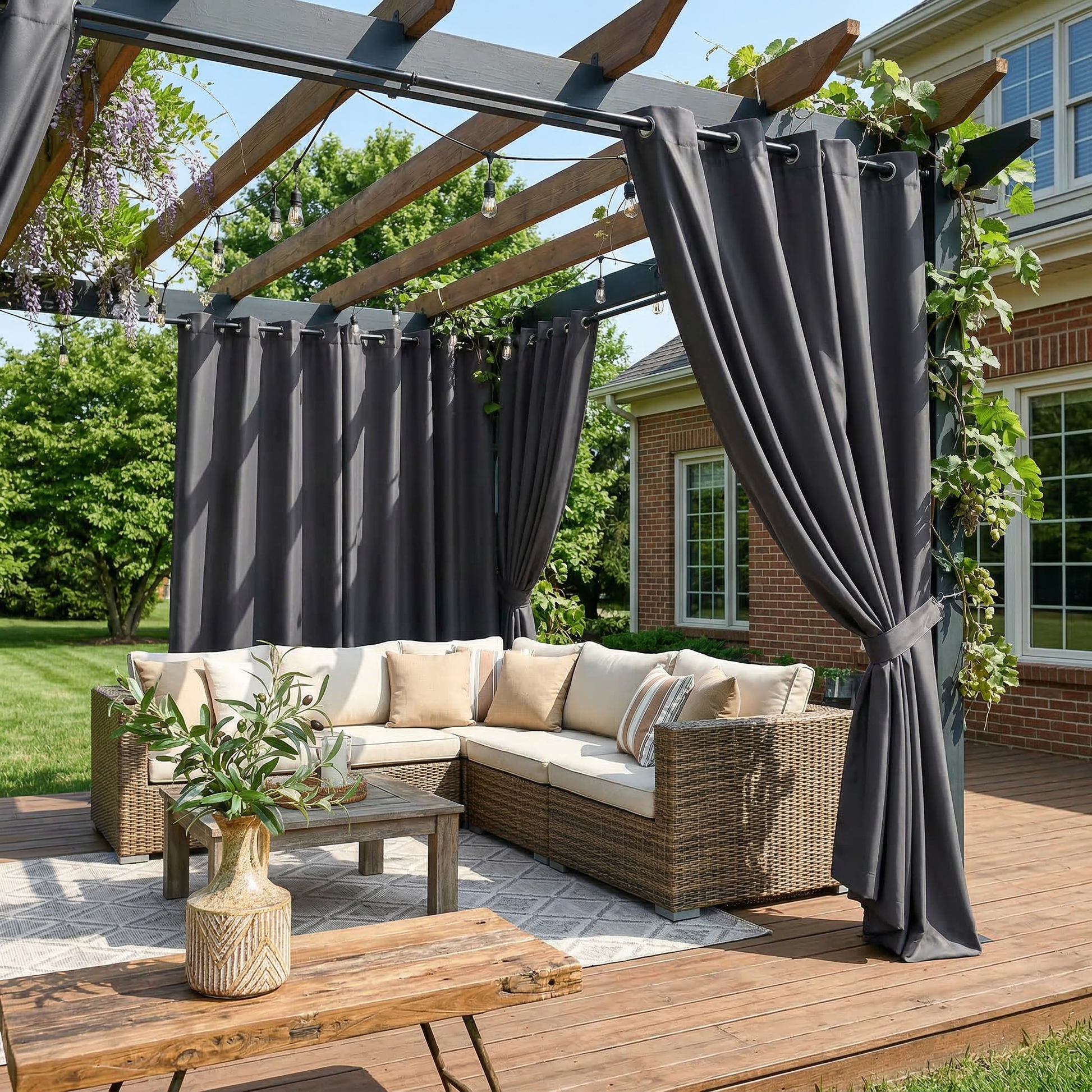 Dark grey waterproof grommet top outdoor curtain by DWCN Official, showing durable fabric and metal grommets for outdoor privacy and shade.