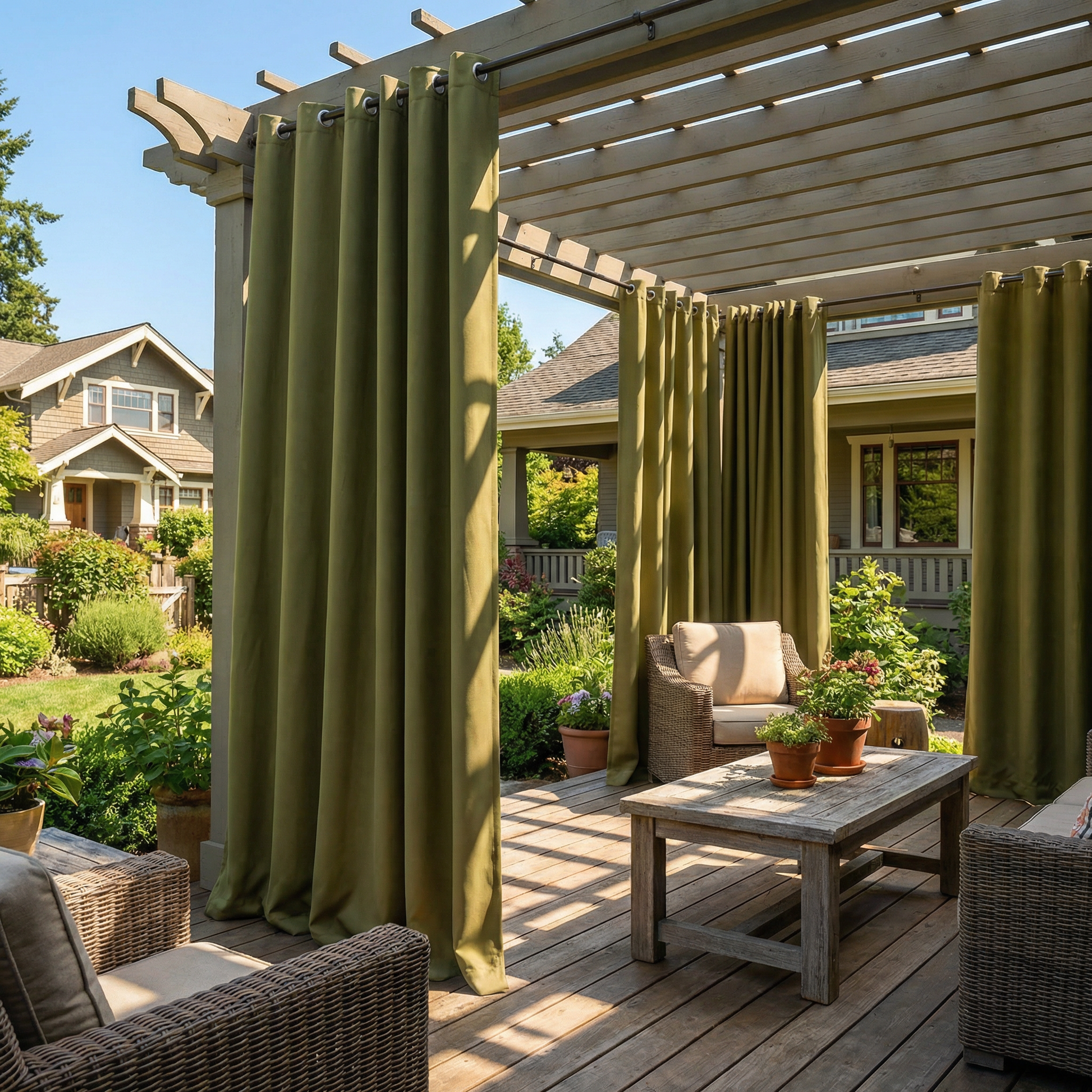 Olive green waterproof grommet top outdoor curtain by DWCN Official, showing fabric texture and metal grommets for patio or balcony use.