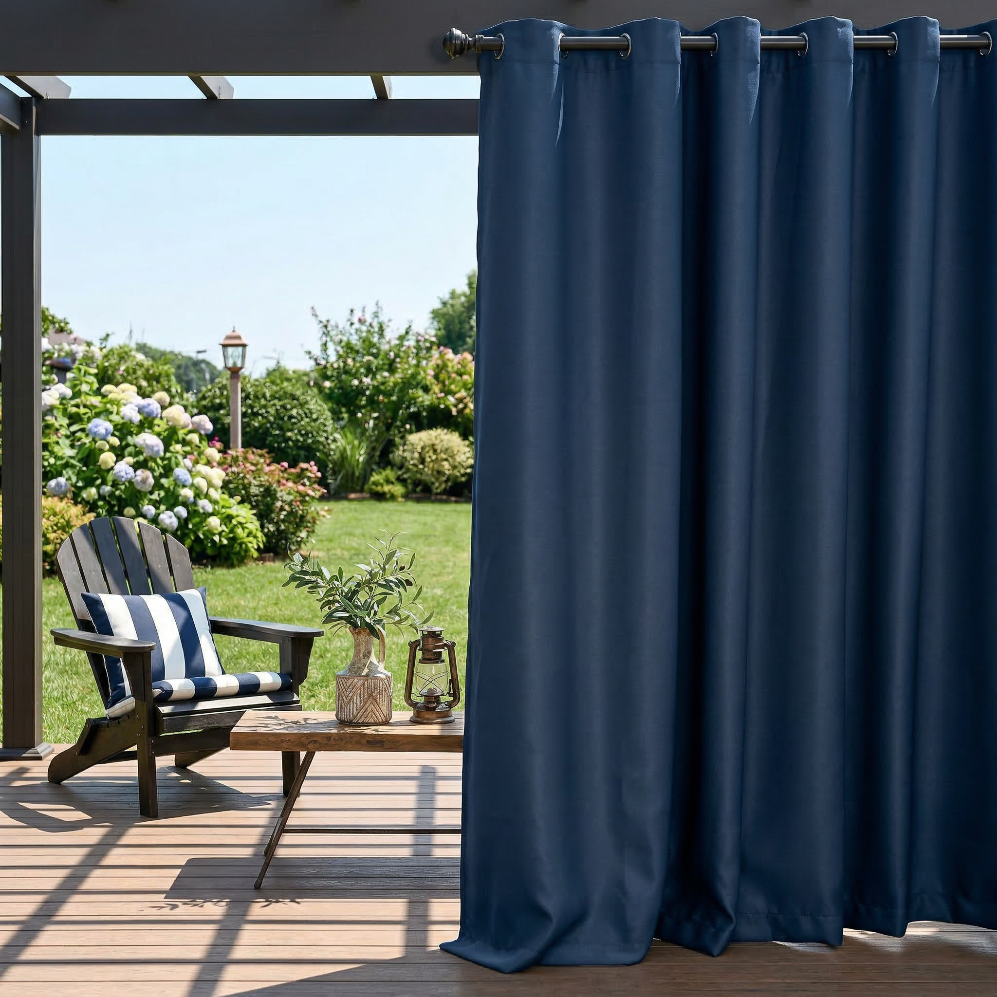 Dark blue waterproof grommet top outdoor curtain by DWCN Official, showing durable fabric and metal grommets for outdoor patio use.