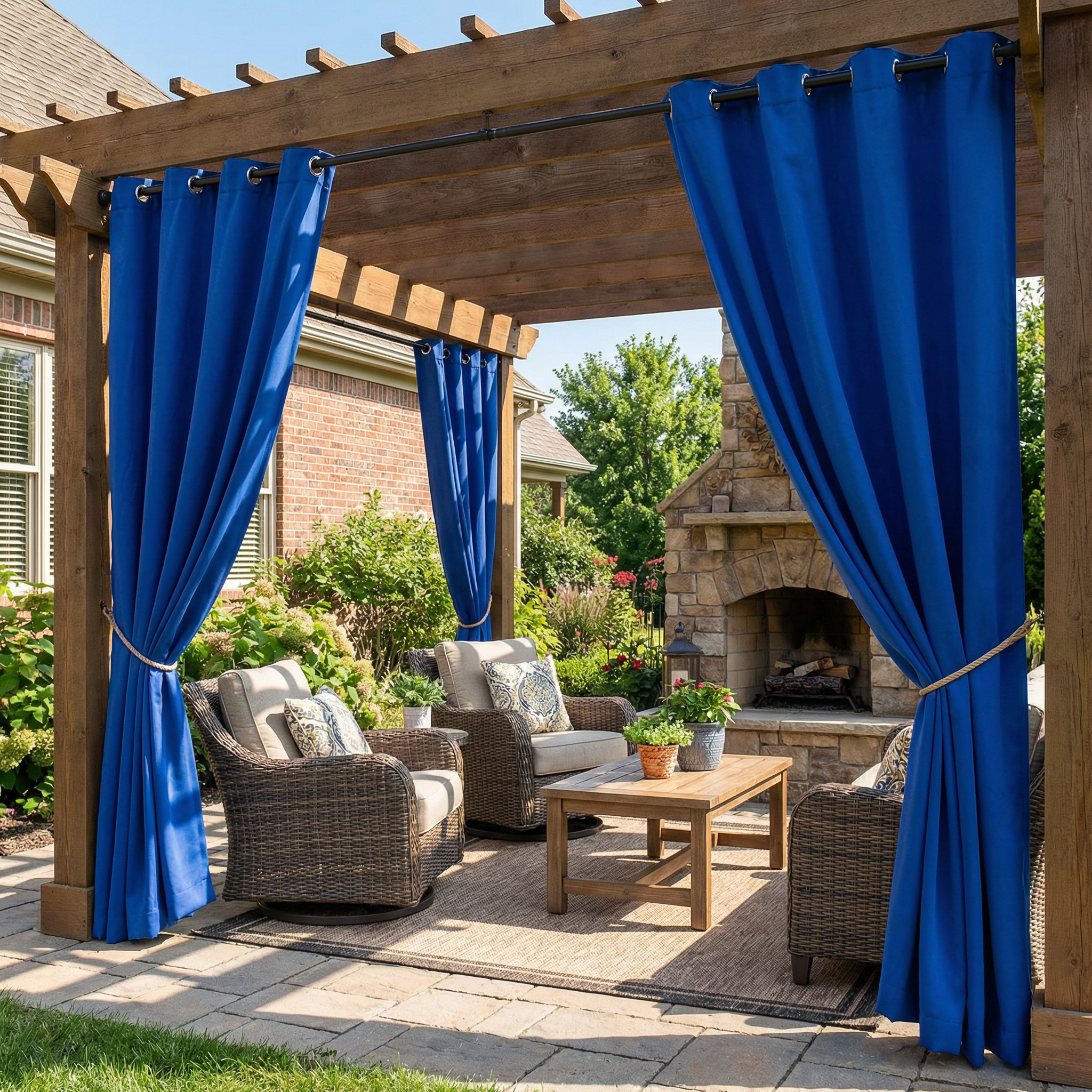 Royal blue waterproof grommet top outdoor curtain by DWCN Official, showing fabric texture and metal grommets for patio decor.