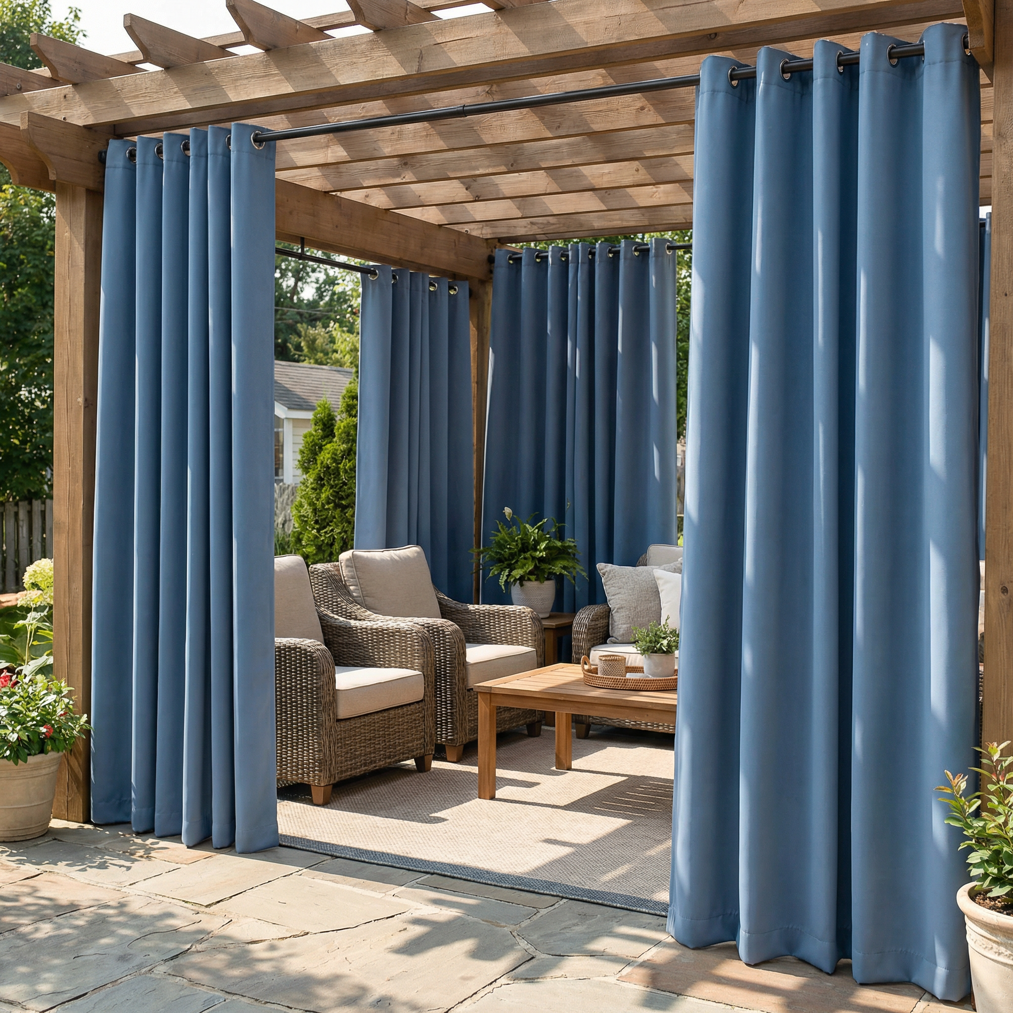 Dusty blue waterproof outdoor curtain with grommet top, made by DWCN Official, ideal for patio or balcony privacy and weather resistance.