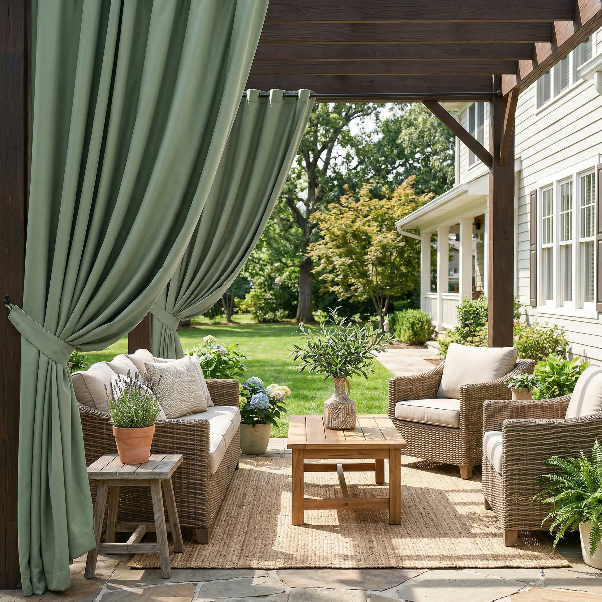 Sage green waterproof outdoor curtain with grommet top, designed for patio or balcony coverage, by DWCN Official.