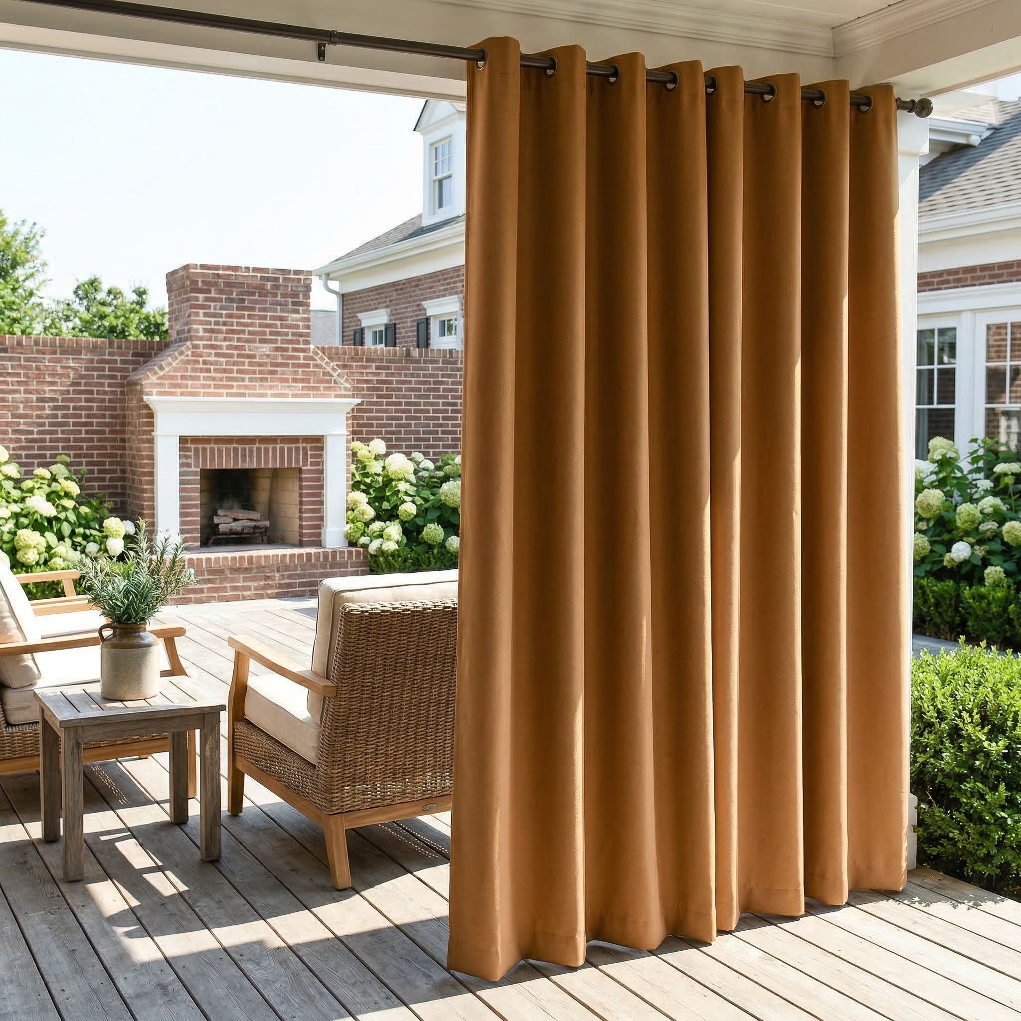 Caramel waterproof grommet top outdoor curtain by DWCN Official, showing the fabric draped with metal grommets for outdoor privacy.