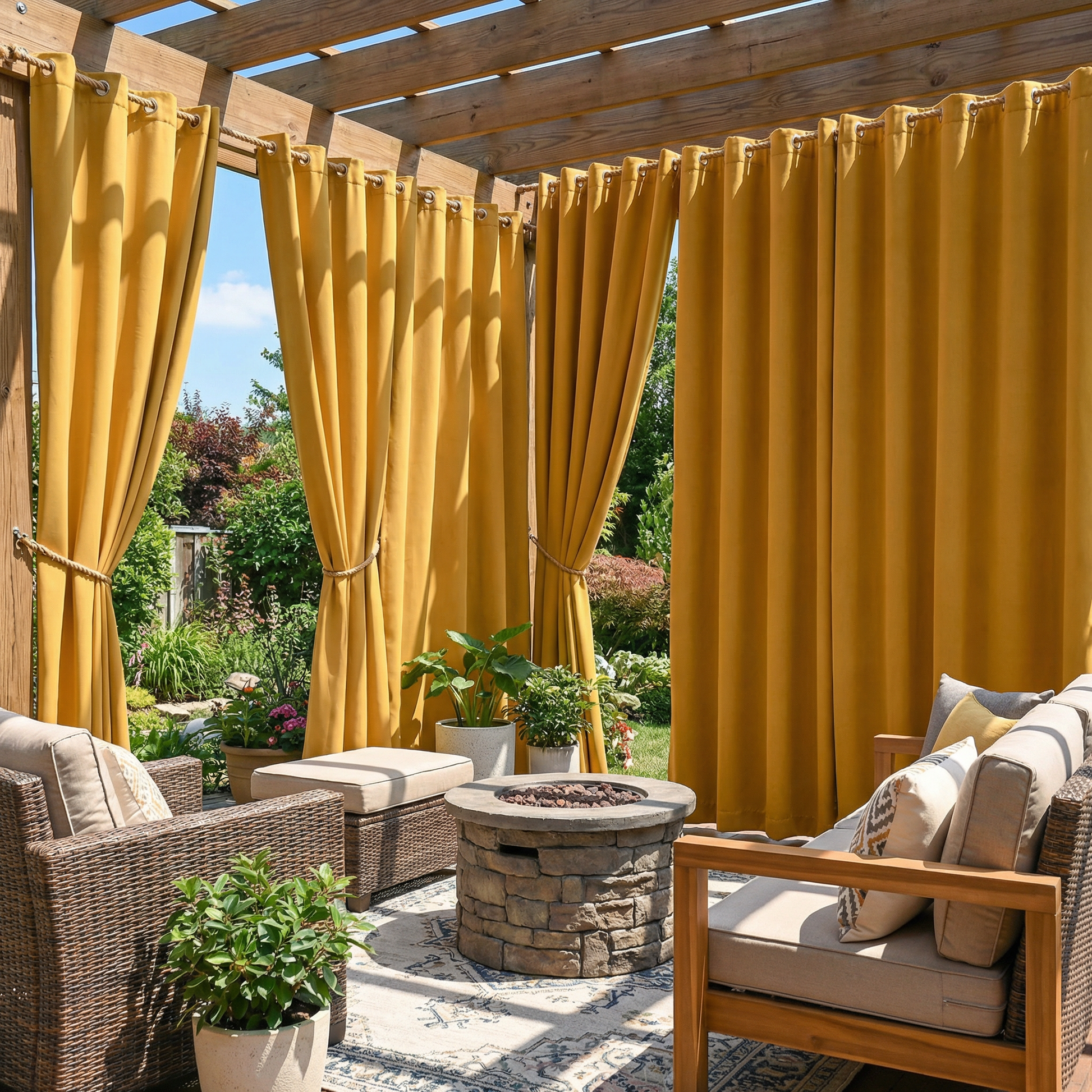 Mustard yellow waterproof grommet top outdoor curtain by DWCN Official hanging outdoors with metal grommets for patio or porch use.