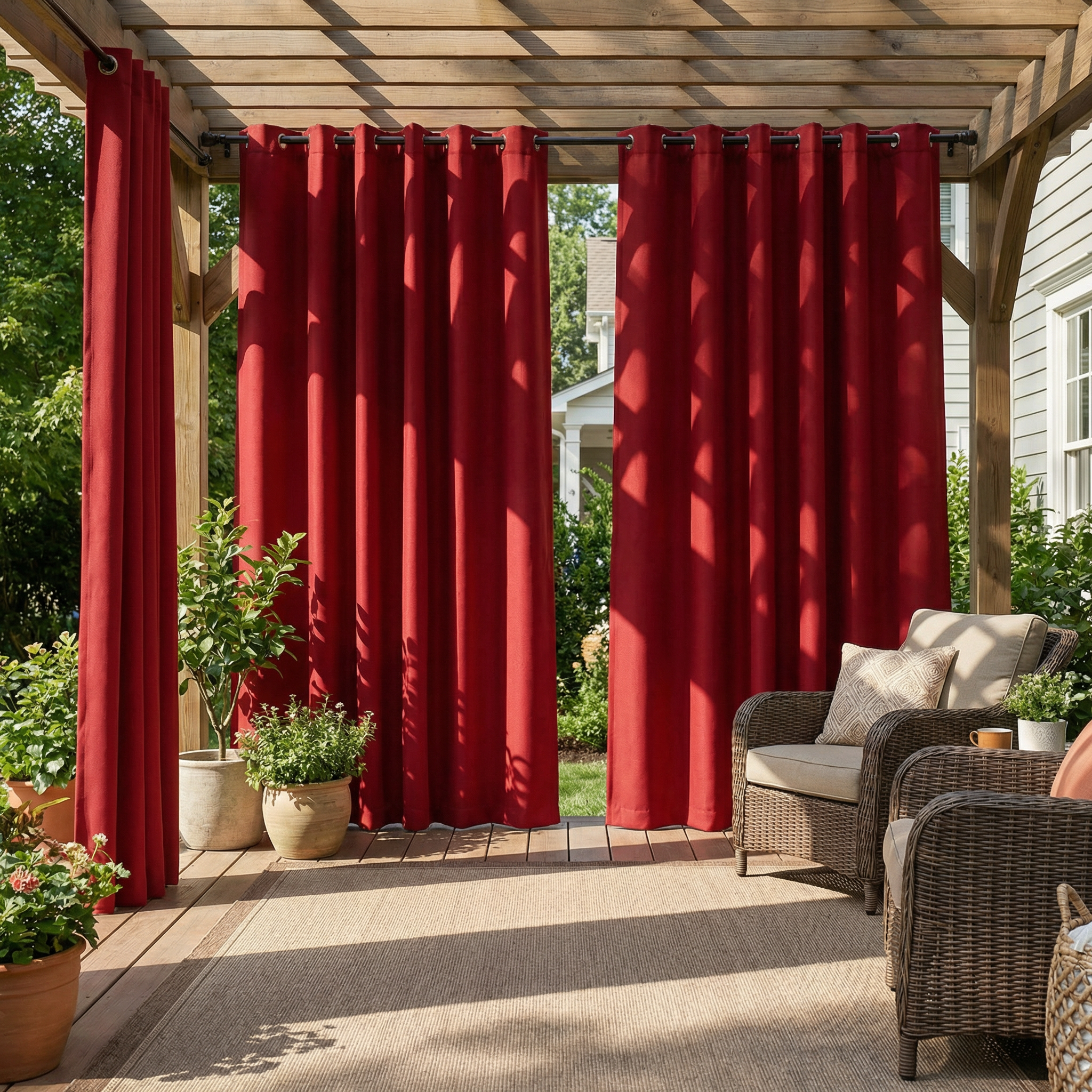 Red waterproof grommet top outdoor curtain by DWCN Official, showing fabric texture and sturdy metal grommets for patio decor