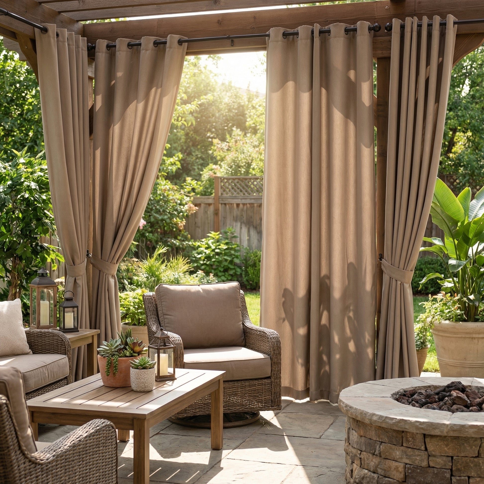 Taupe waterproof grommet top outdoor curtain by DWCN Official hanging on a patio rod, showcasing weather-resistant fabric.