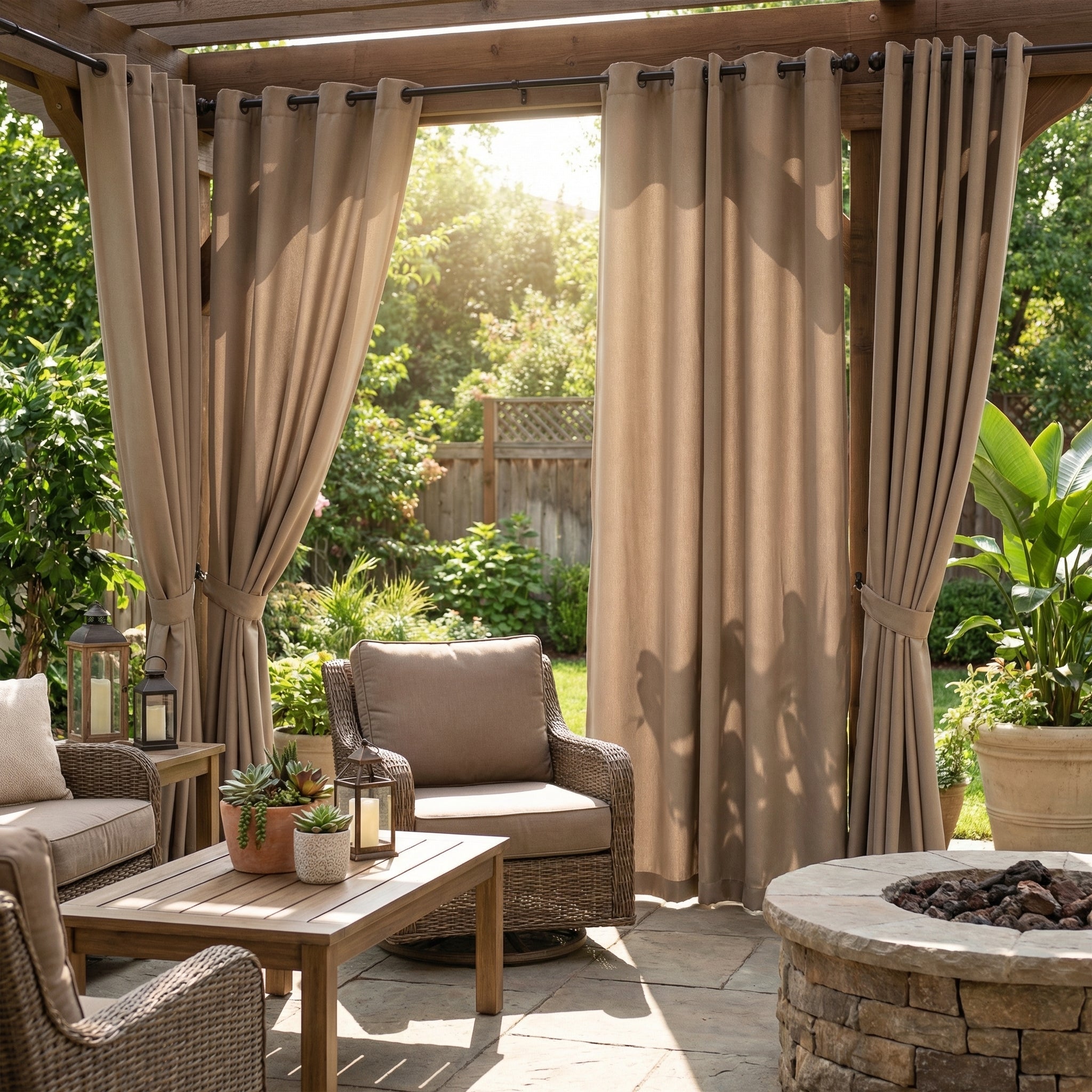 Taupe waterproof grommet top outdoor curtain by DWCN Official hanging on a patio rod, showcasing weather-resistant fabric.