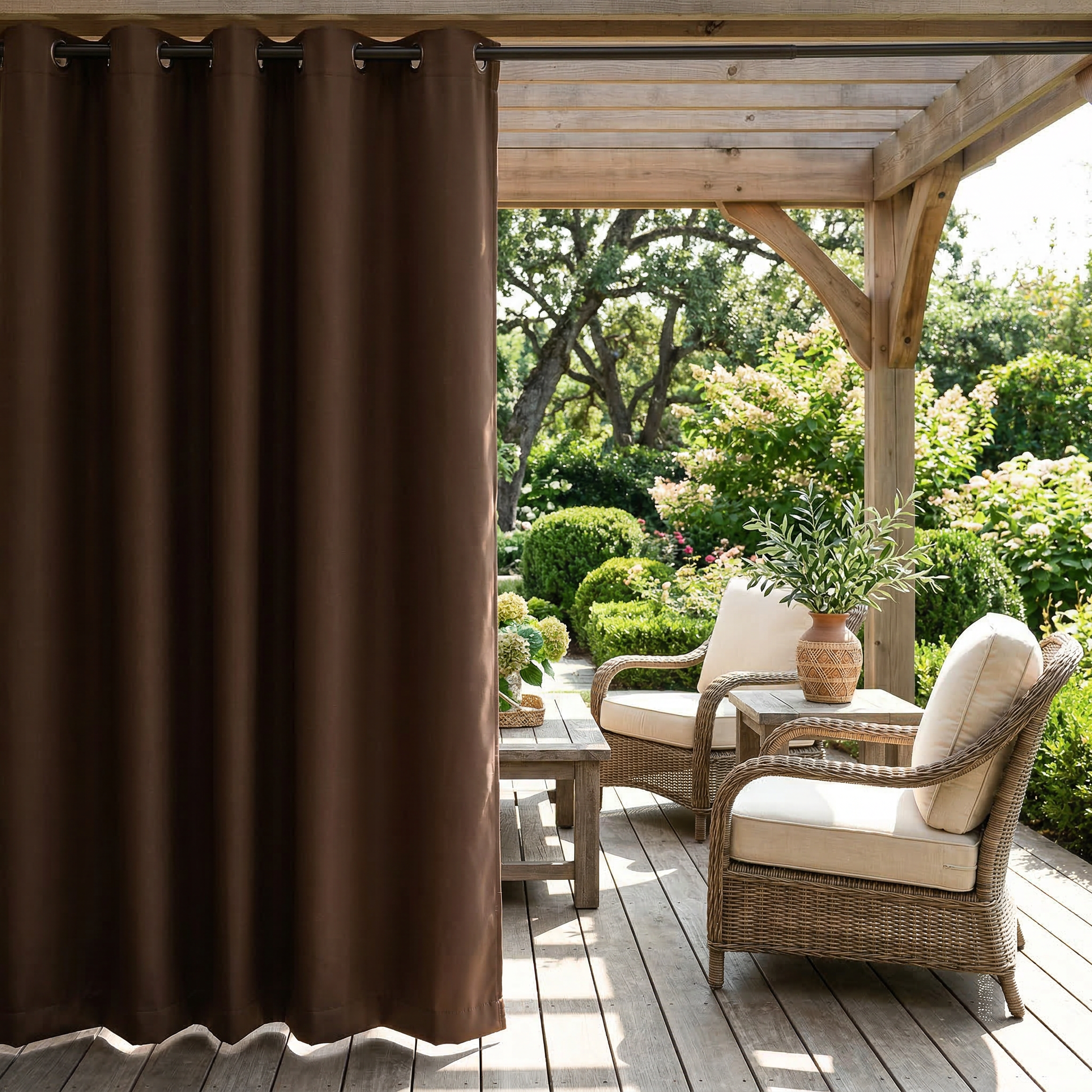 Brown waterproof grommet top outdoor curtain by DWCN Official, showing a close-up of the fabric with metal grommet rings