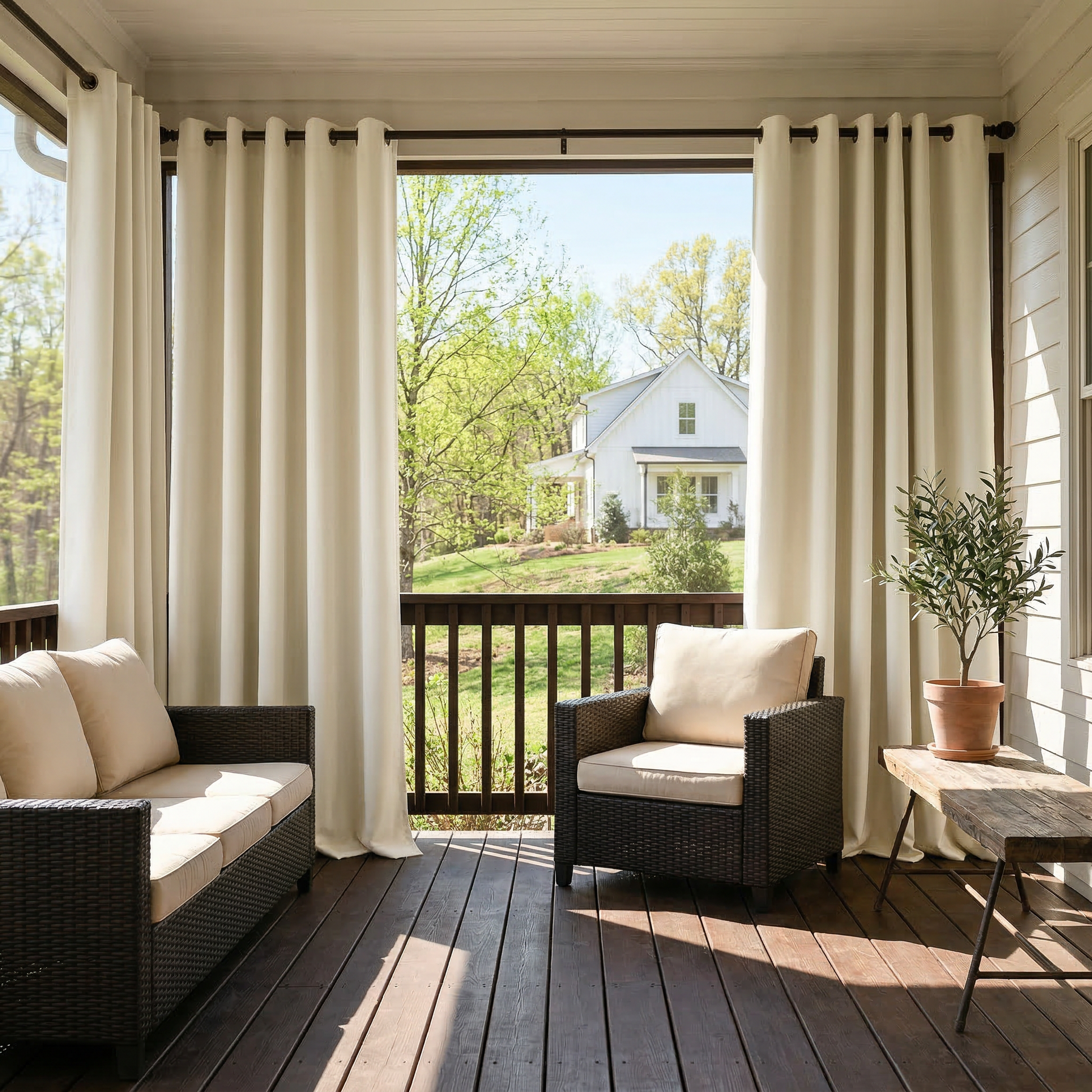 Outdoor waterproof grommet top curtain by DWCN Official, showing durable fabric and metal grommets for patio or balcony use.