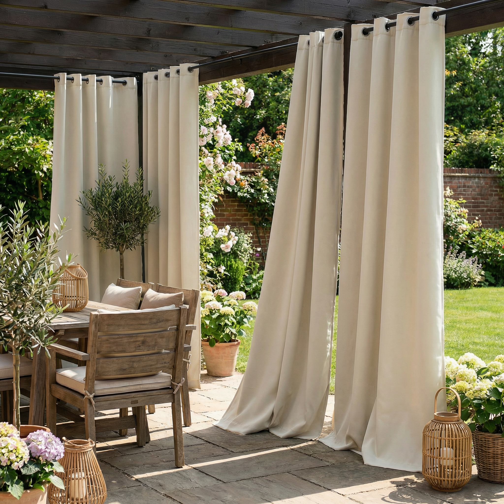 Waterproof grommet top outdoor curtain by DWCN Official hanging on a patio, designed for weather-resistant outdoor window and door coverage.
