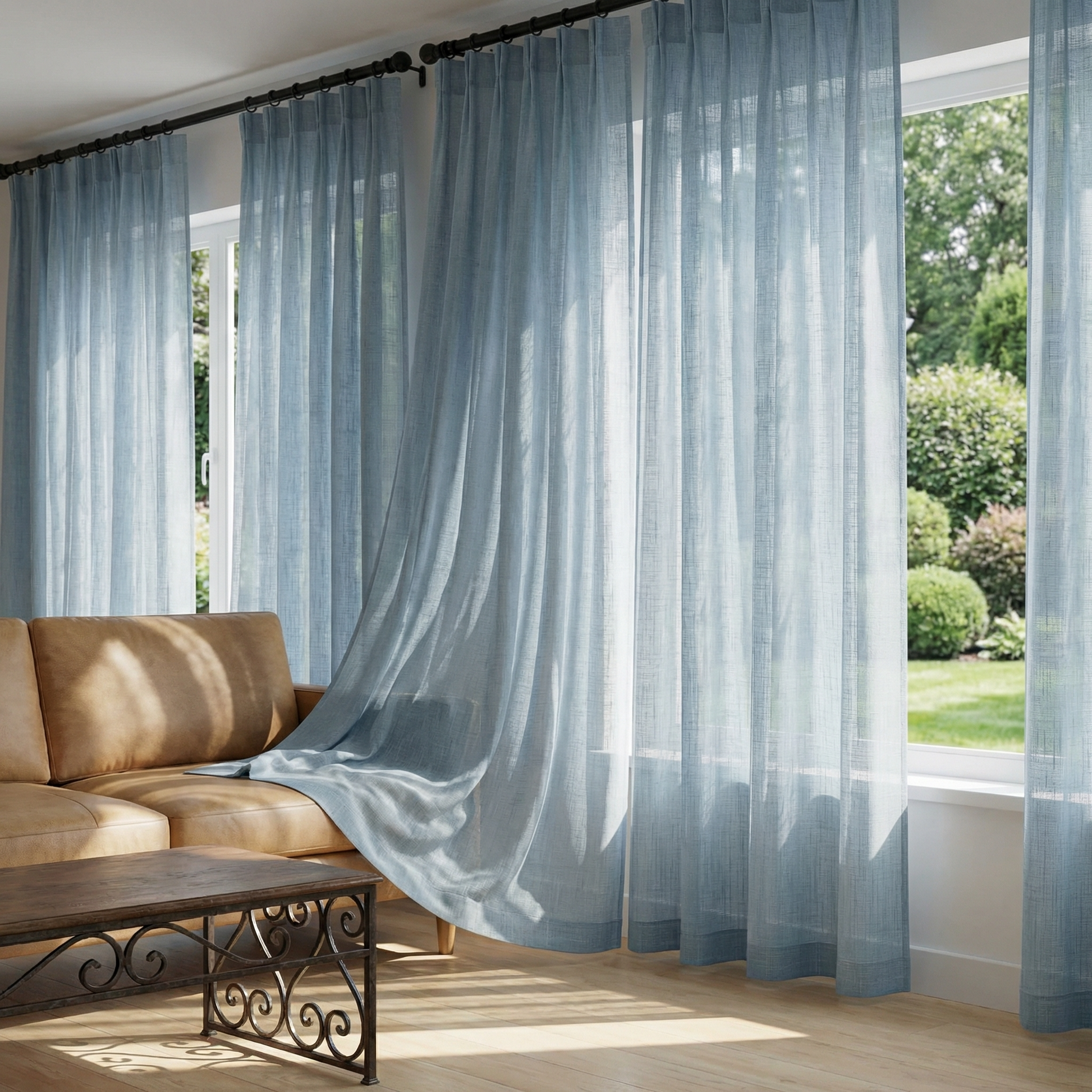 Dusty blue custom linen sheer curtains by DWCN Official hanging with natural light filtering through.