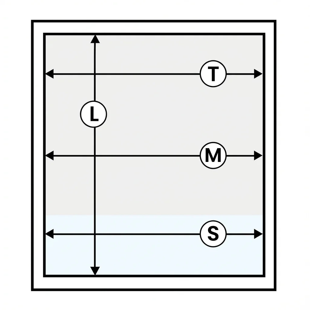 Size chart with 'T', 'L', 'M', and 'S' labels for product dimensions.