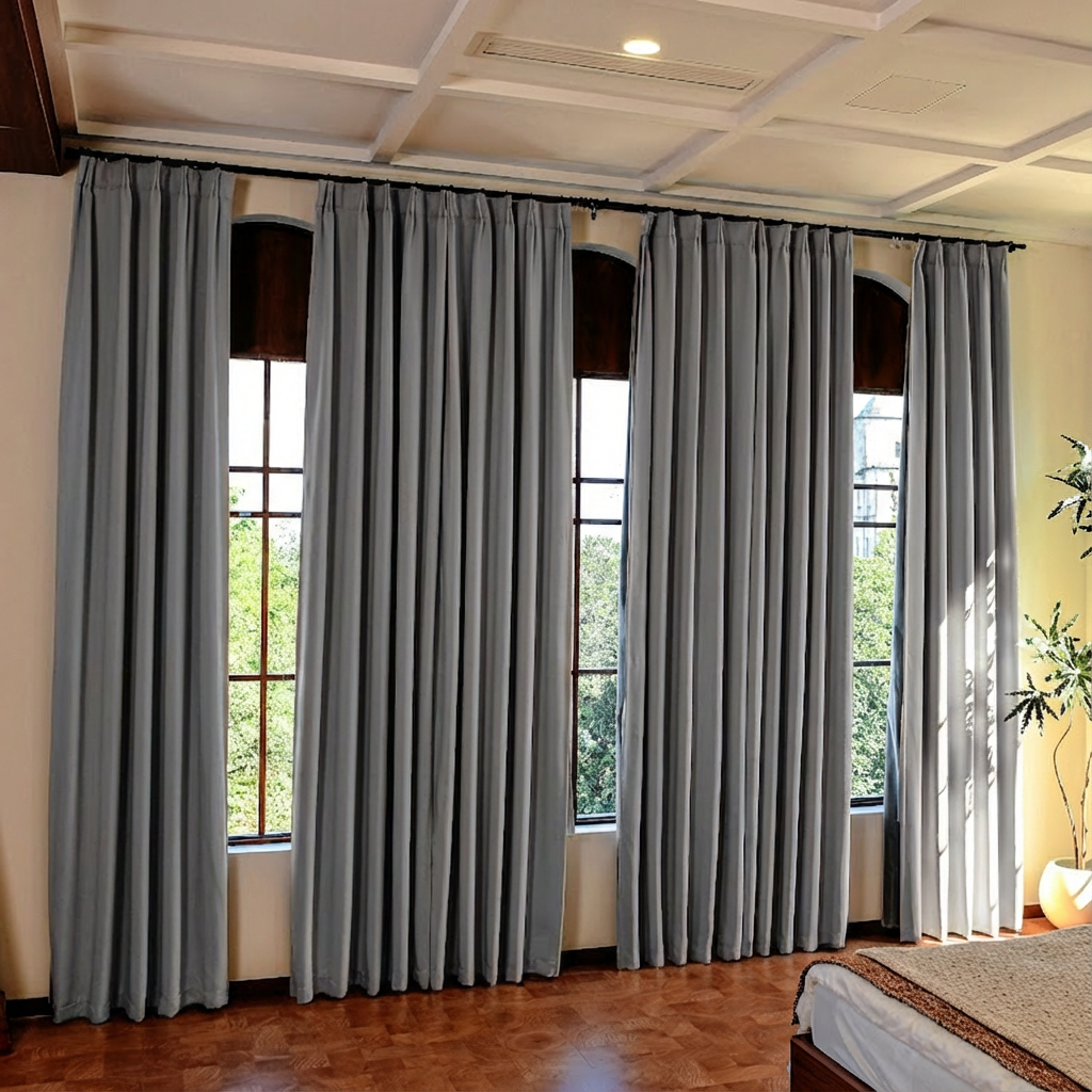 Gray custom luxury silk-fiber blackout curtains by DWCN Official, showcasing elegant draping and high-quality fabric for bedroom decor.