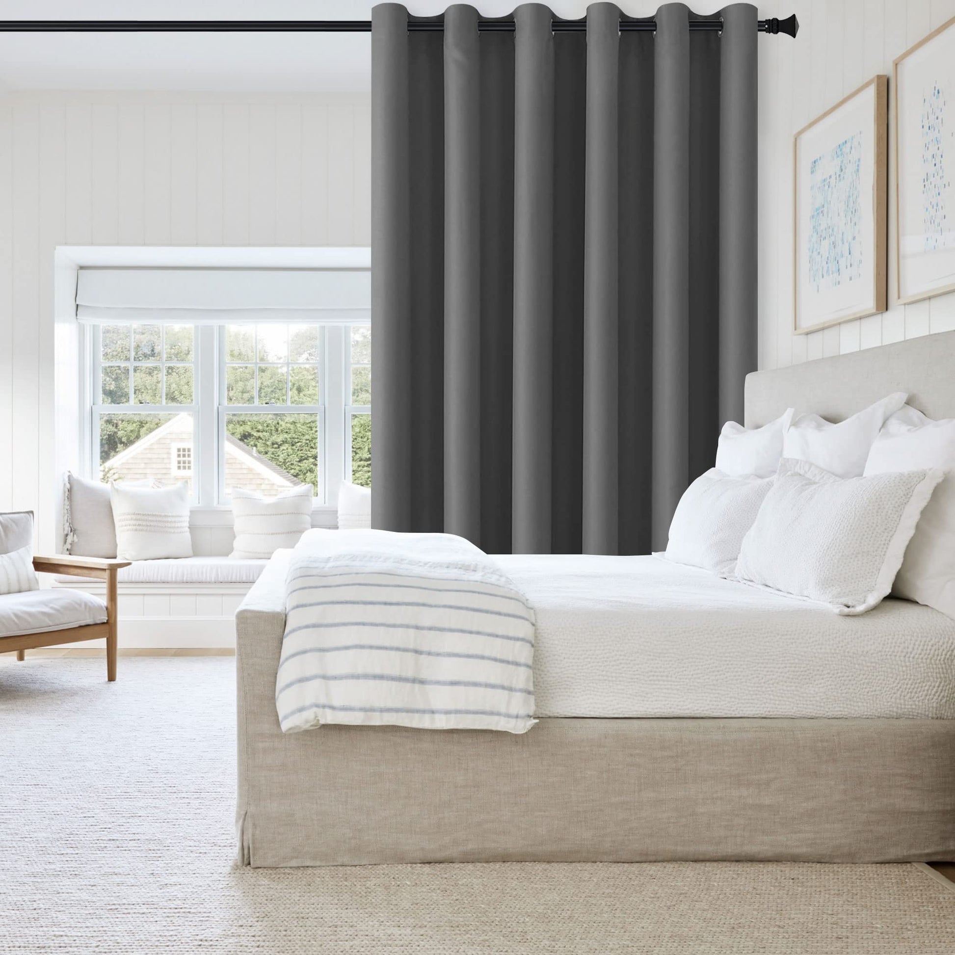 DWCN Official black blackout curtain panel with a single grommet, designed for room dividers, in black fabric.