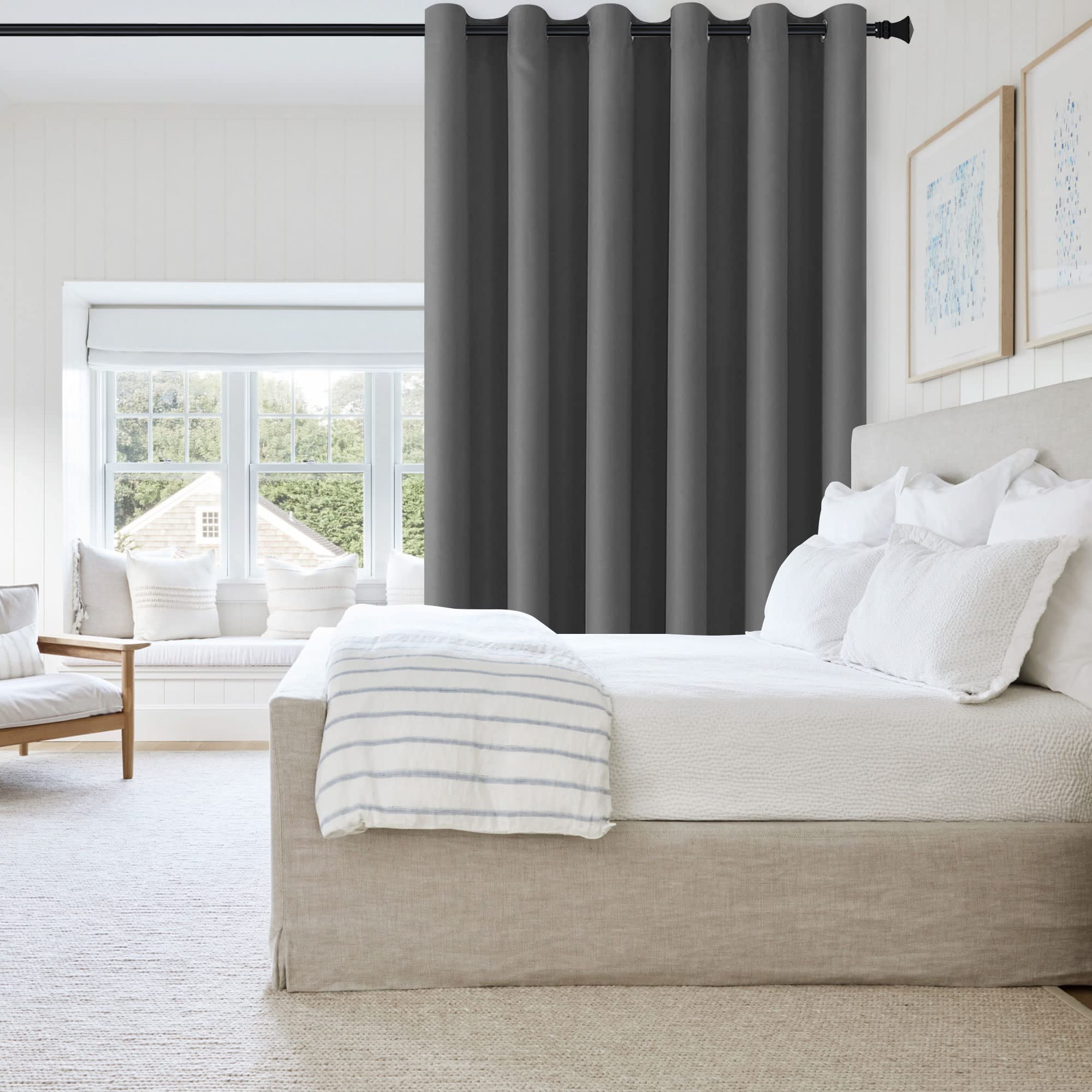 DWCN Official black blackout curtain panel with a single grommet, designed for room dividers, in black fabric.