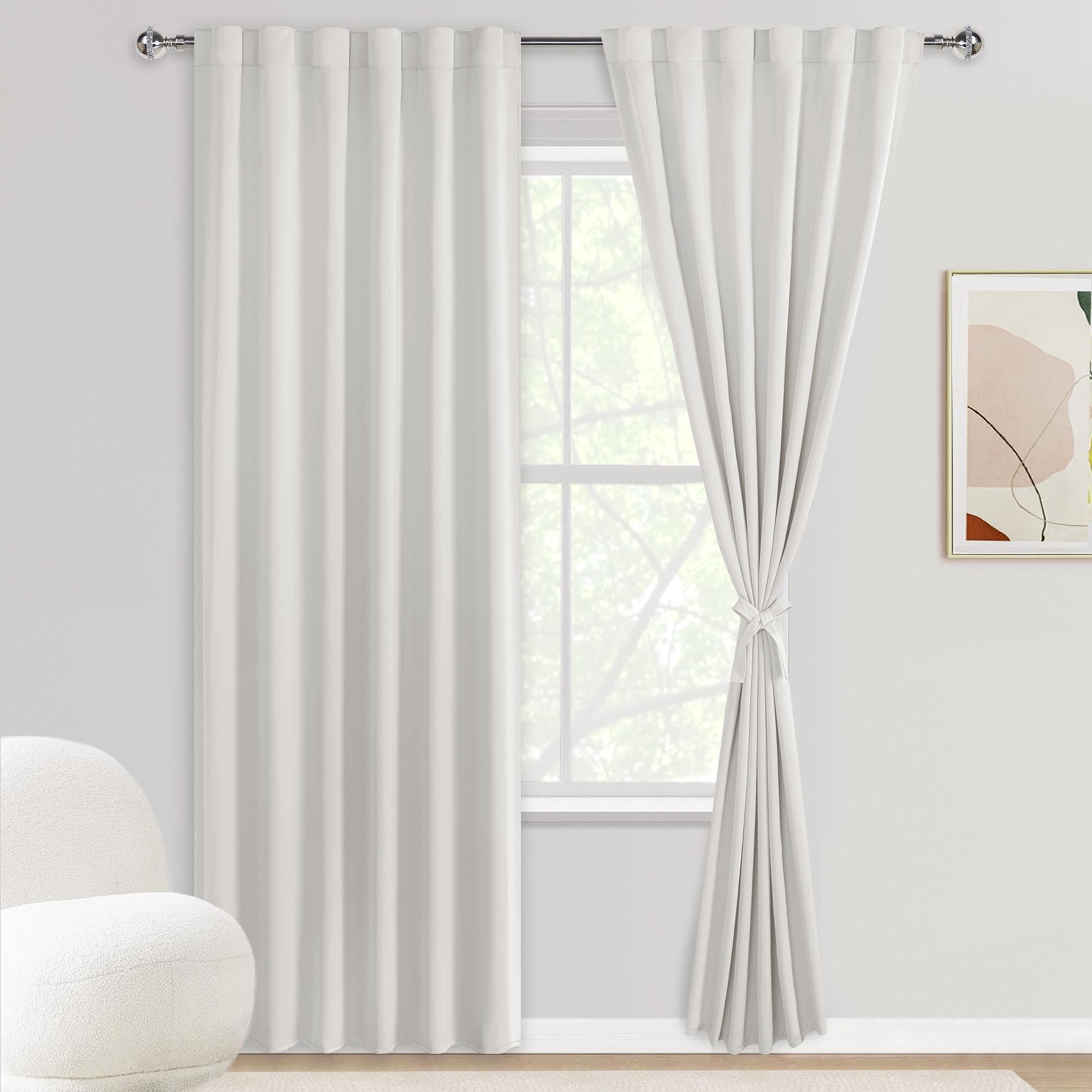 Set of two DWCN Blackout Curtains with tiebacks, rod pocket and back tab design, dark fabric for light blocking and privacy.