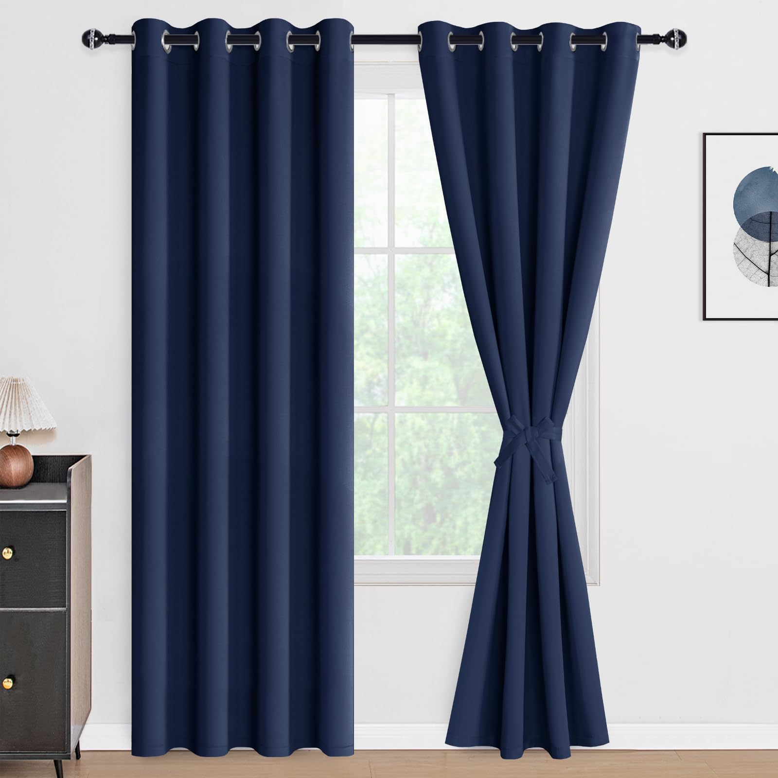 DWCN black blackout curtains with tiebacks, set of 2 panels, featuring thick, dark fabric for room darkening and privacy.