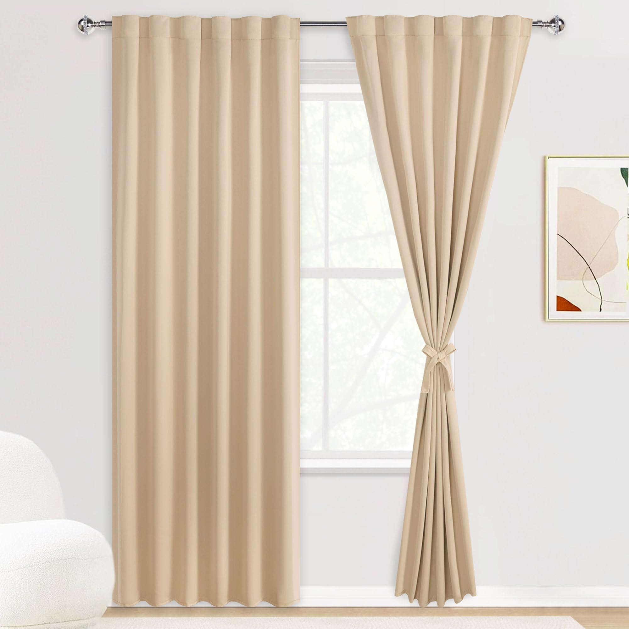 Pair of DWCN Blackout Curtains with tiebacks, rod pocket and back tab design, set of two panels for window privacy and light control.
