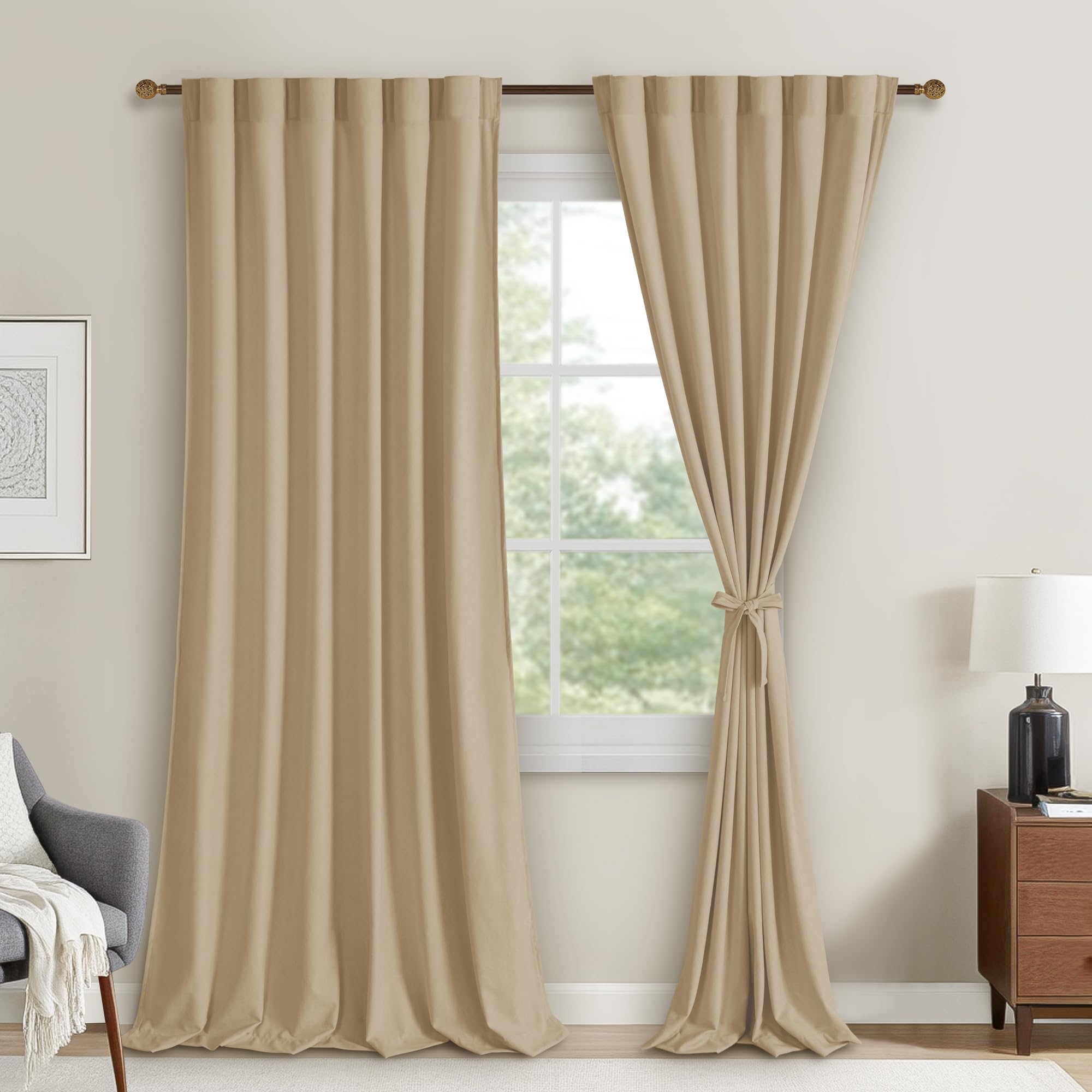 DWCN Velvet curtains with two panels, featuring rod pocket and back tab designs, hanging decoratively on a window.
